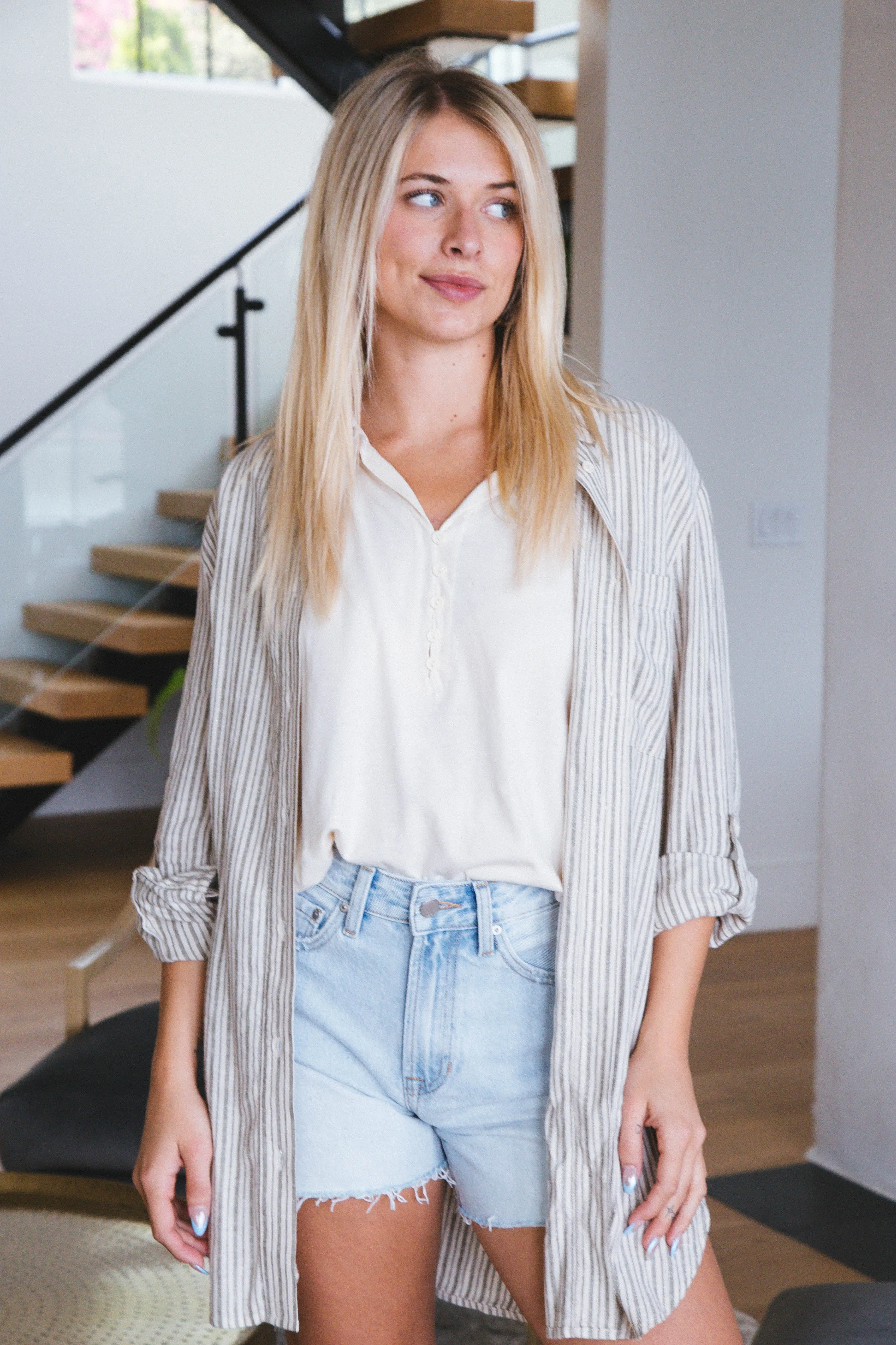 Long Line Pocket Shirt, Eco Olive Stripe | Sanctuary sold by North & Main Clothing Company