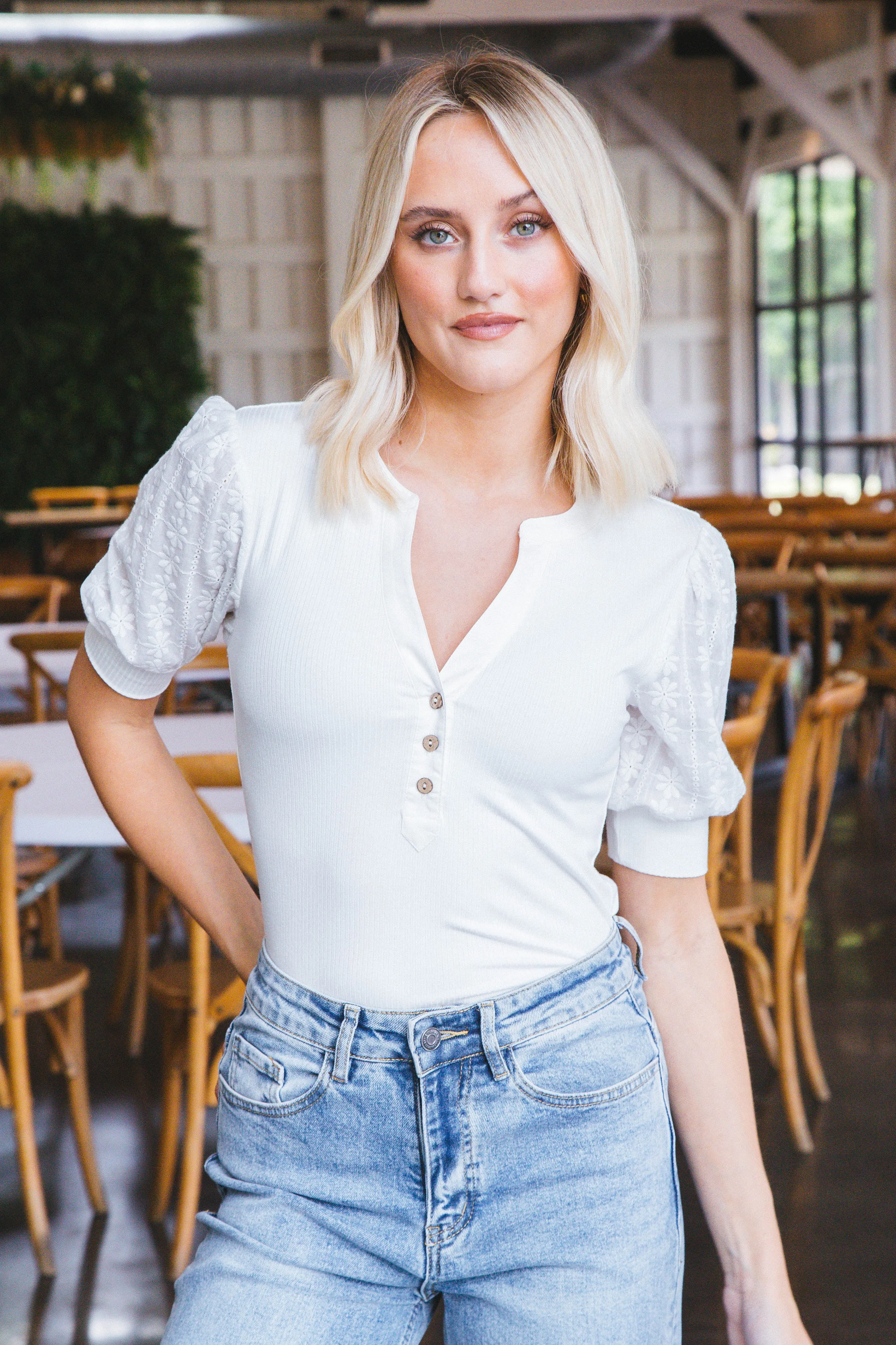 Millie V-Neck Eyelet Henley Top, Ecru sold by North & Main Clothing Company