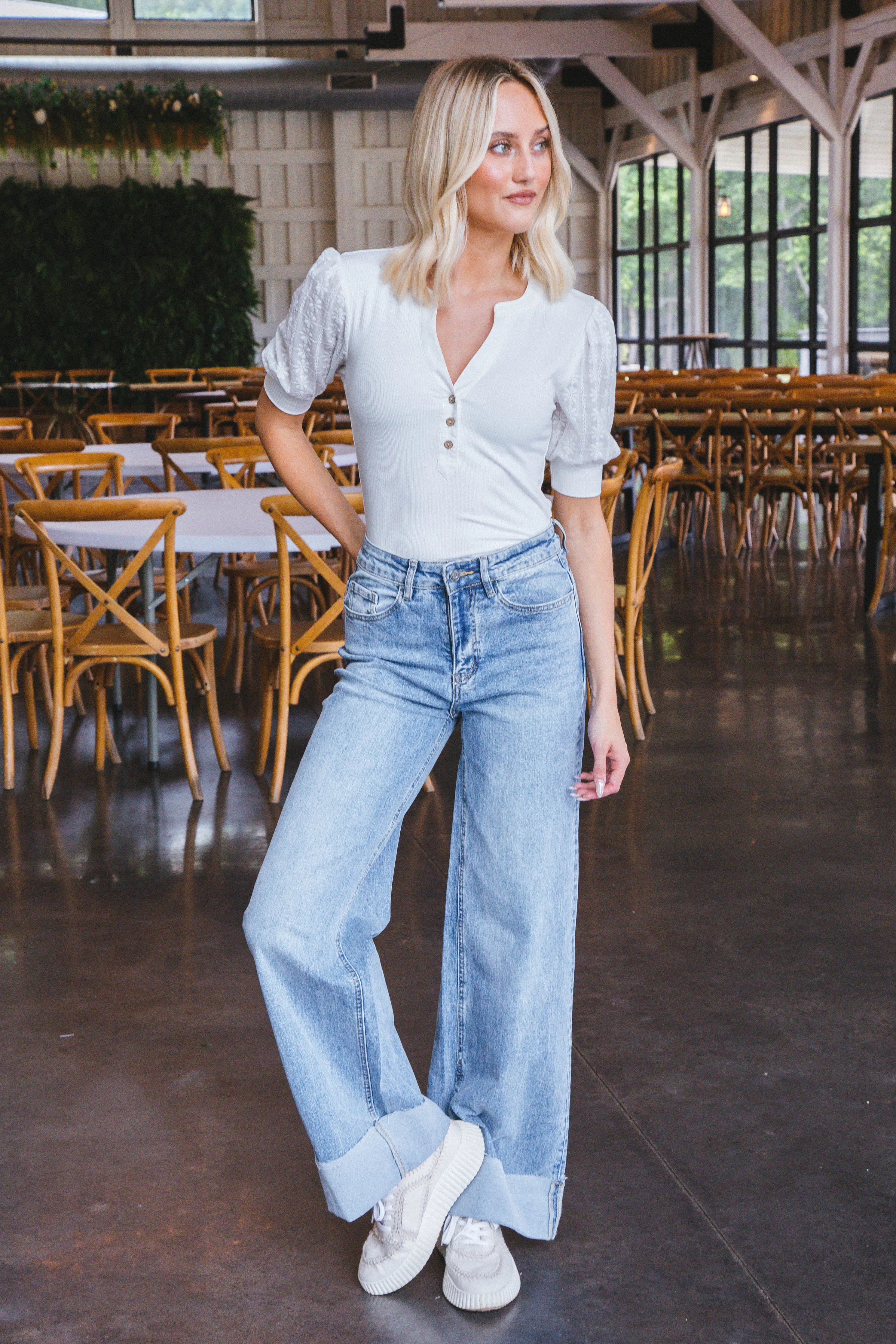 Millie V-Neck Eyelet Henley Top, Ecru sold by North & Main Clothing Company product image thumbnail 2