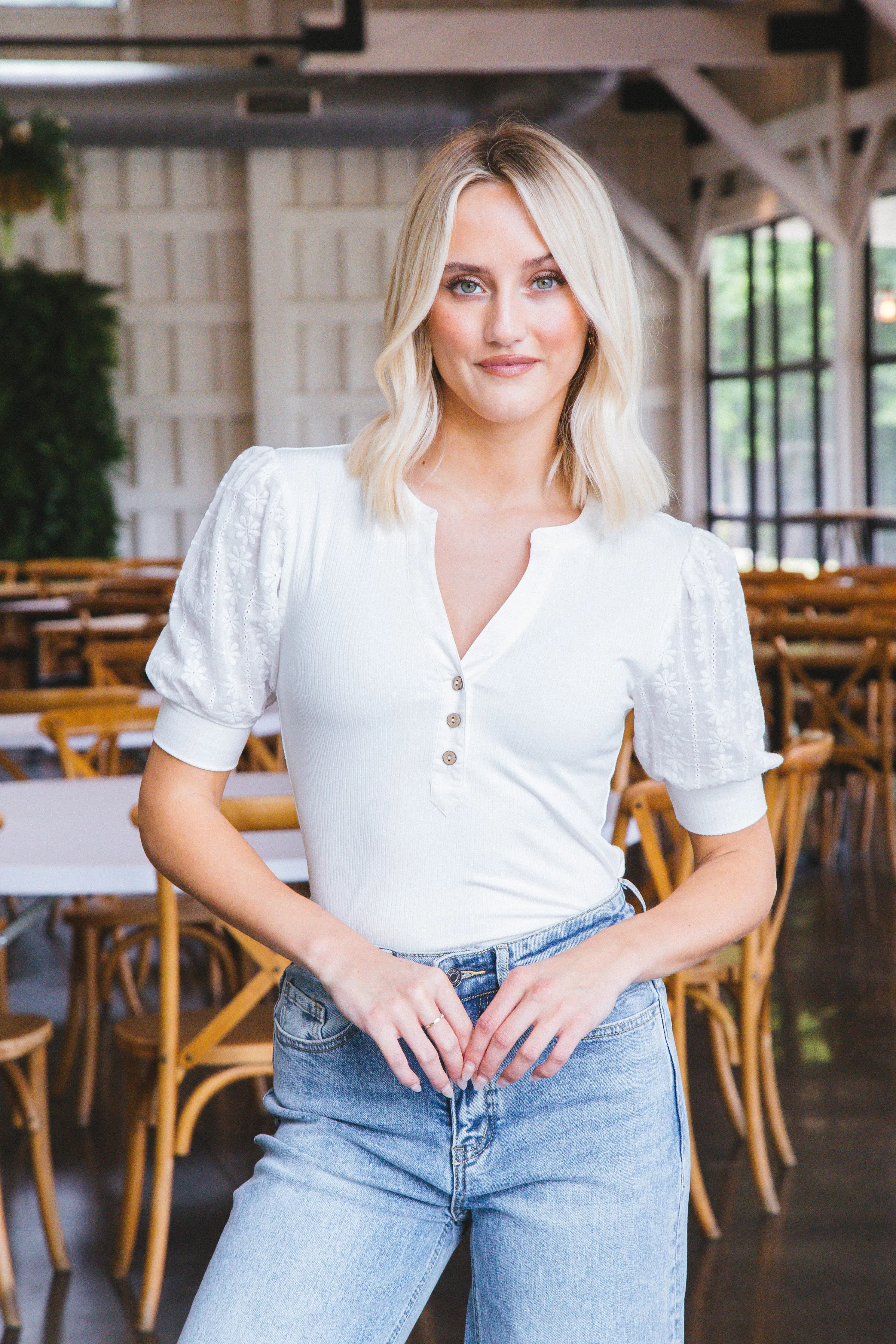 Millie V-Neck Eyelet Henley Top, Ecru sold by North & Main Clothing Company product image thumbnail 3