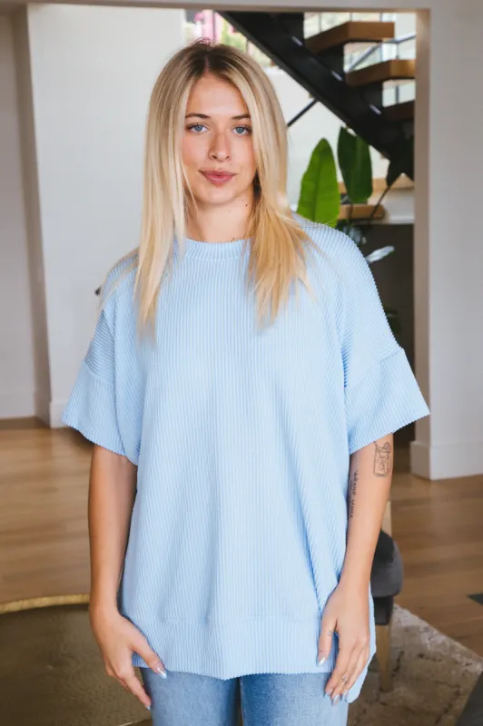 Maya Oversized Wave Rib Top, Powder Blue sold by North & Main Clothing Company