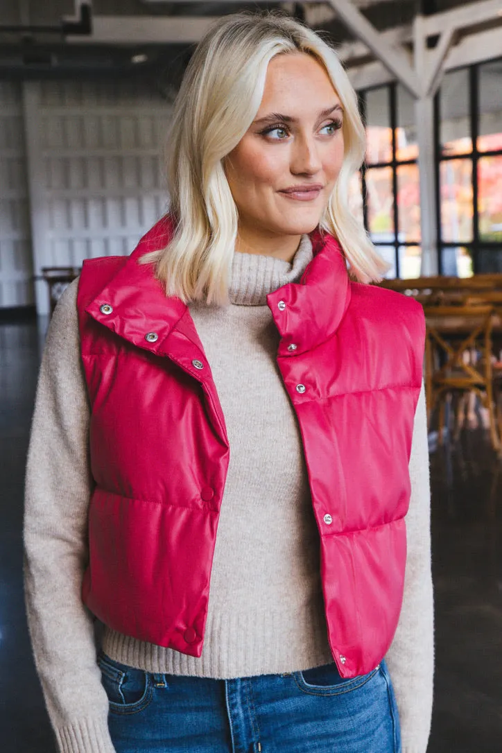 Vivian Faux Leather Cropped Puffer Vest, Fuchsia sold by North & Main Clothing Company product image thumbnail 3