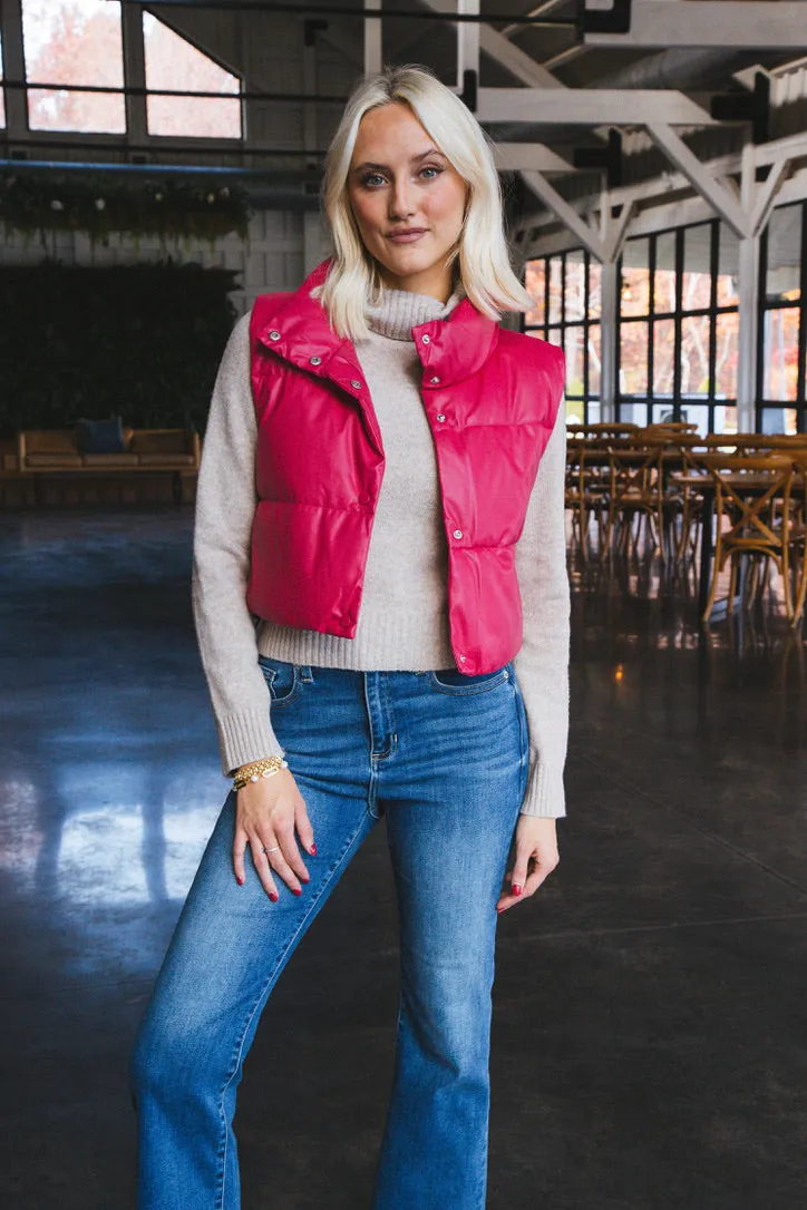 Vivian Faux Leather Cropped Puffer Vest, Fuchsia sold by North & Main Clothing Company product image thumbnail 5