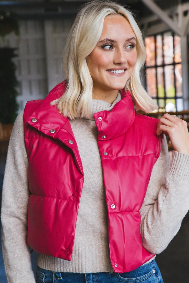 Vivian Faux Leather Cropped Puffer Vest, Fuchsia sold by North & Main Clothing Company product image thumbnail 4
