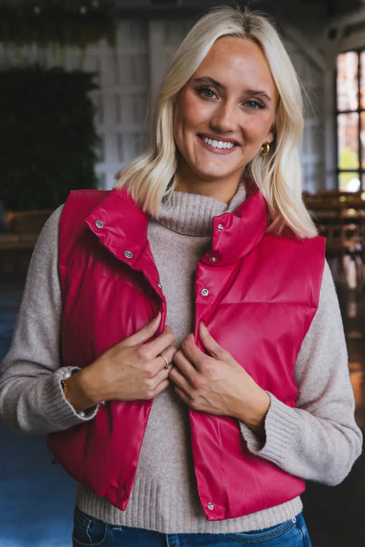 Vivian Faux Leather Cropped Puffer Vest, Fuchsia sold by North & Main Clothing Company product image thumbnail 2