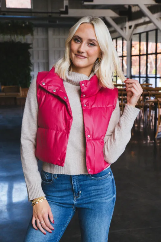 Vivian Faux Leather Cropped Puffer Vest, Fuchsia sold by North & Main Clothing Company