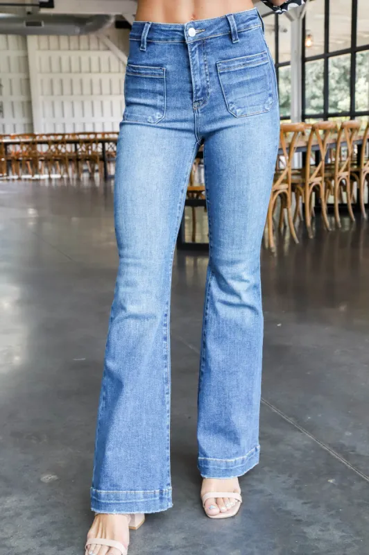 Mabel Patch Pocket Flare Jeans, Washed Dark sold by North & Main Clothing Company
