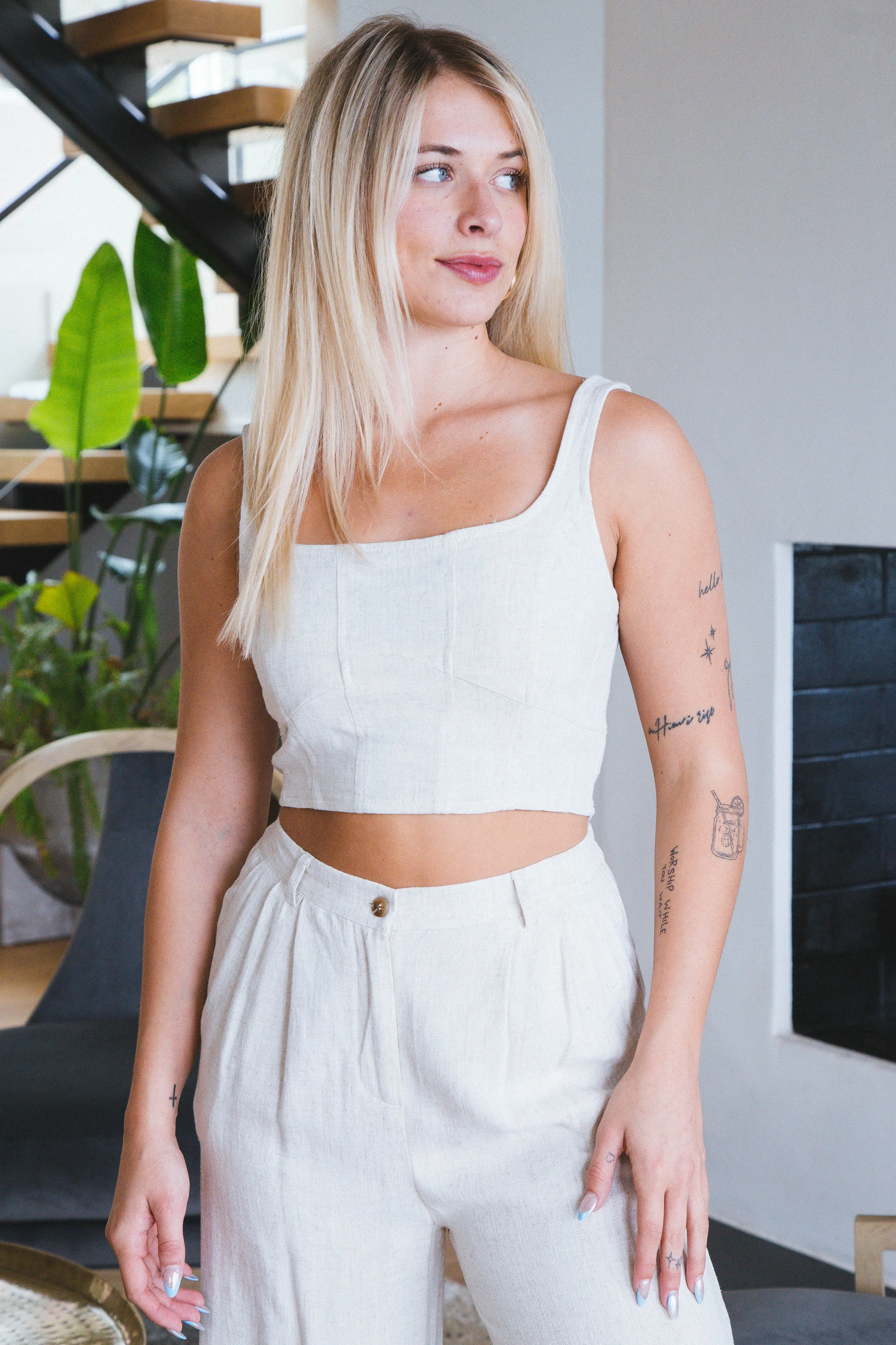 Harmony Linen Blend Cropped Tank, Oatmeal sold by North & Main Clothing Company product image thumbnail 3