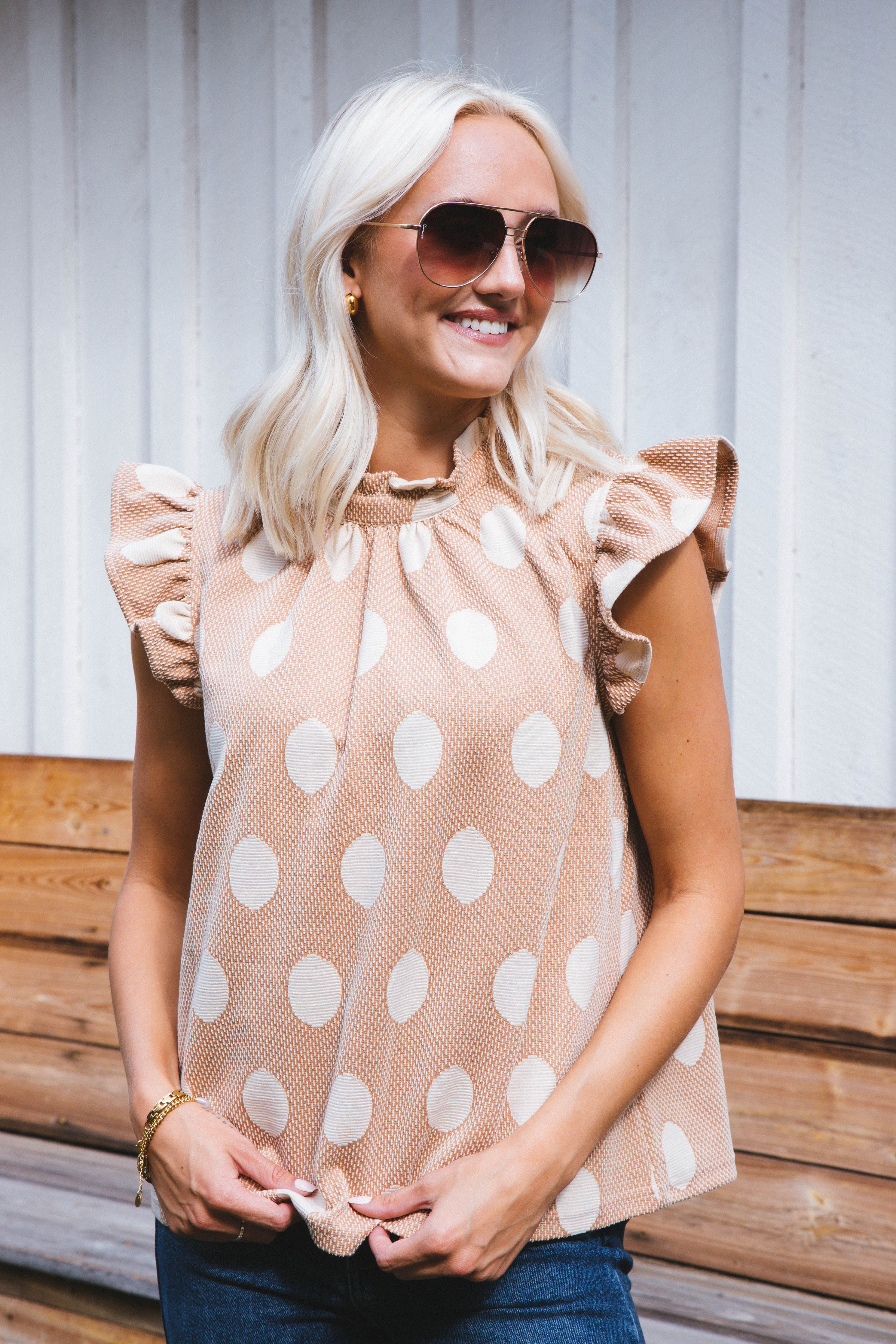 Dottie Ruffle Sleeve Blouse, Taupe sold by North & Main Clothing Company