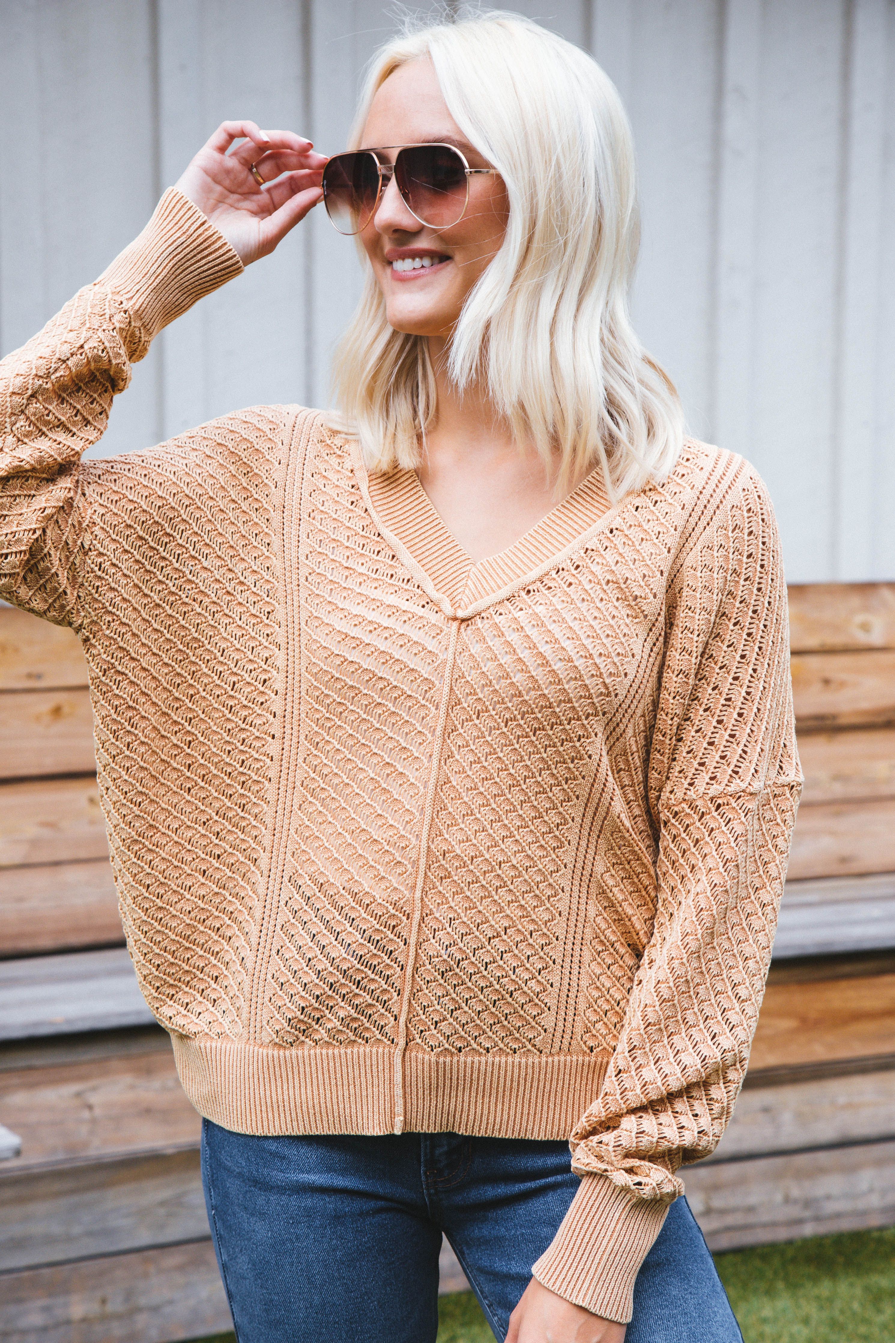 Chris Crochet Sweater, Taupe sold by North & Main Clothing Company