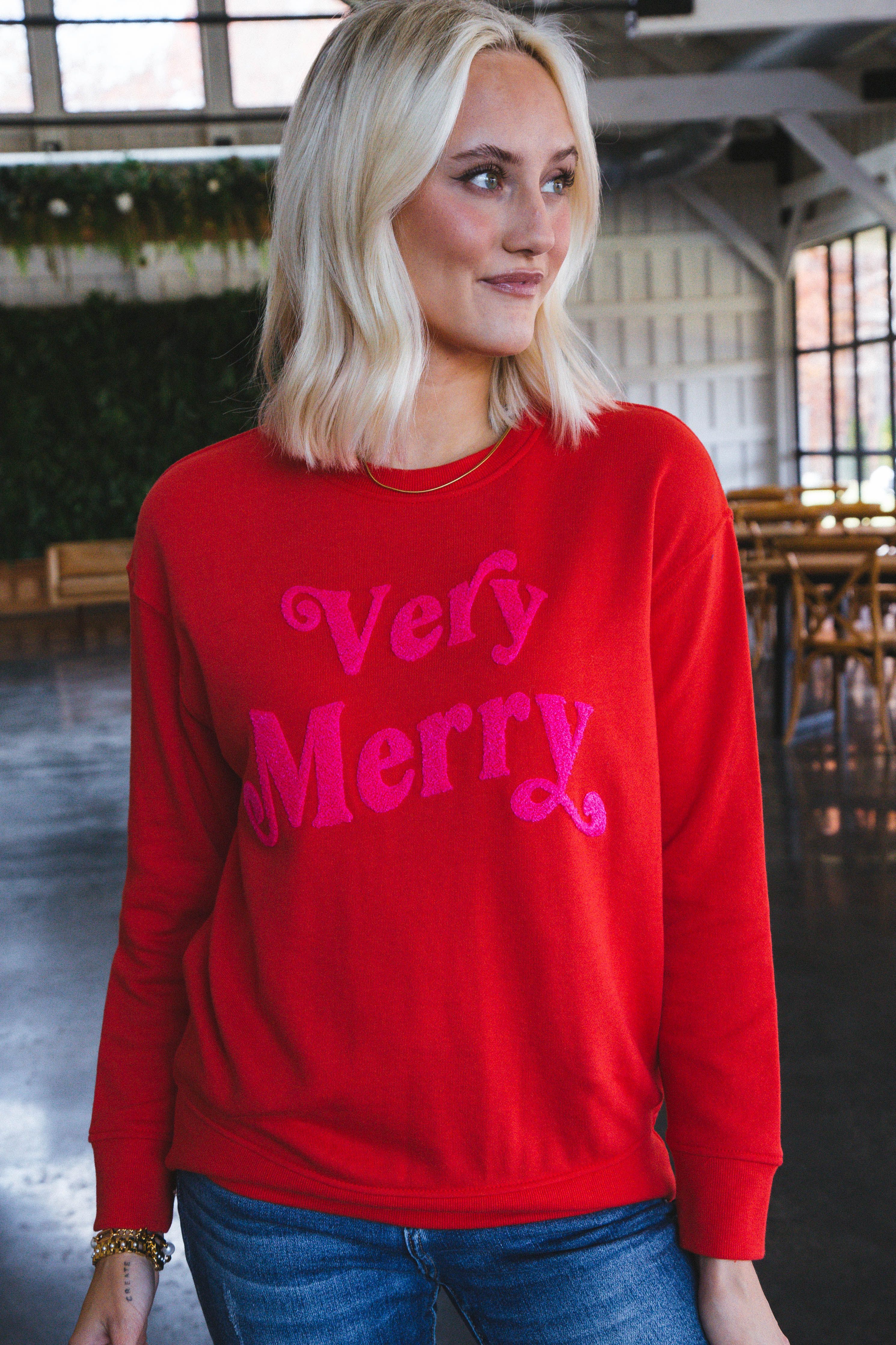 Very Merry Sweatshirt, Red sold by North & Main Clothing Company