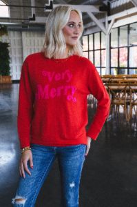 Very Merry Sweatshirt, Red sold by North & Main Clothing Company