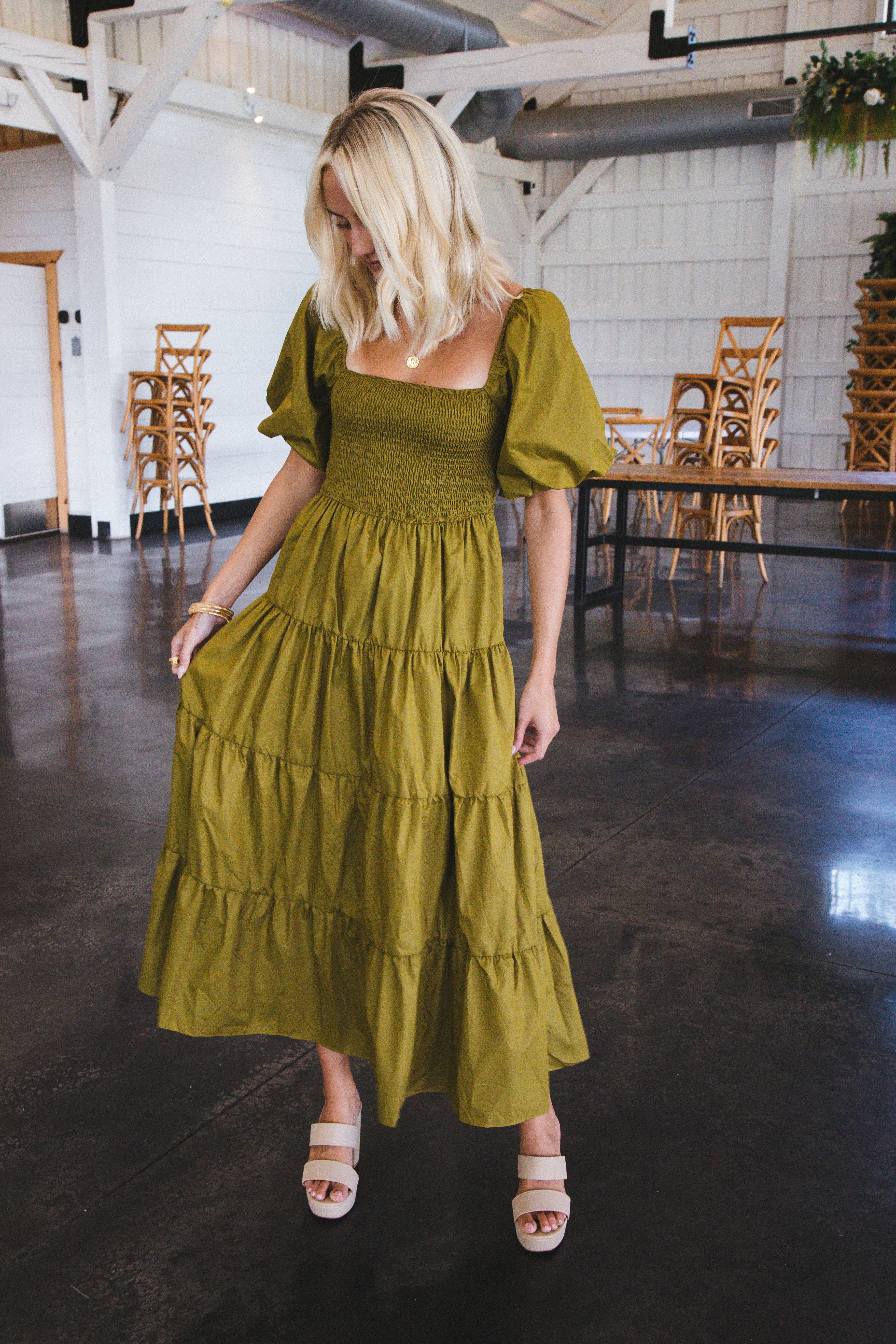 Lua Smocked Maxi Dress, Martini Olive sold by North & Main Clothing Company product image thumbnail 4