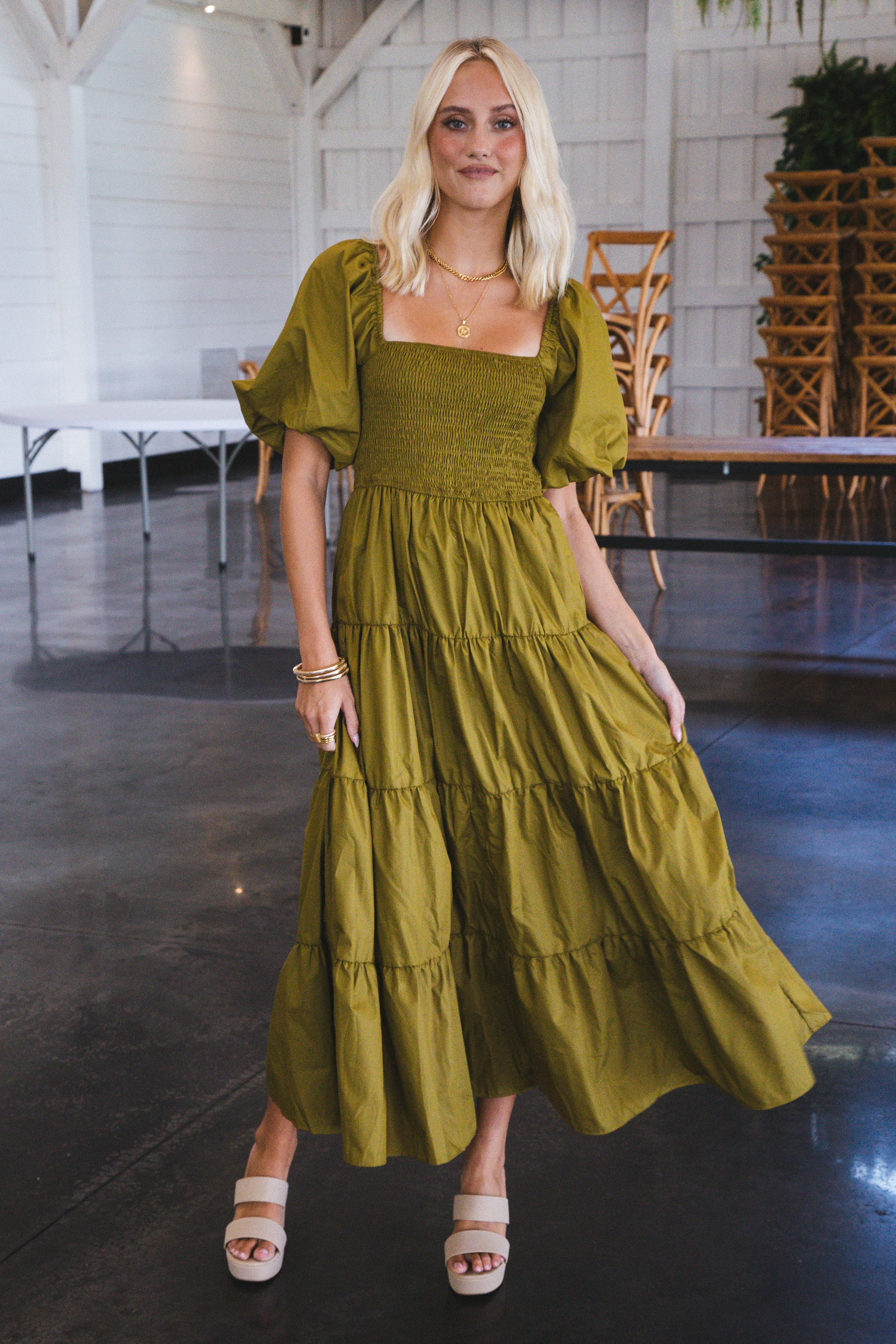 Lua Smocked Maxi Dress, Martini Olive sold by North & Main Clothing Company