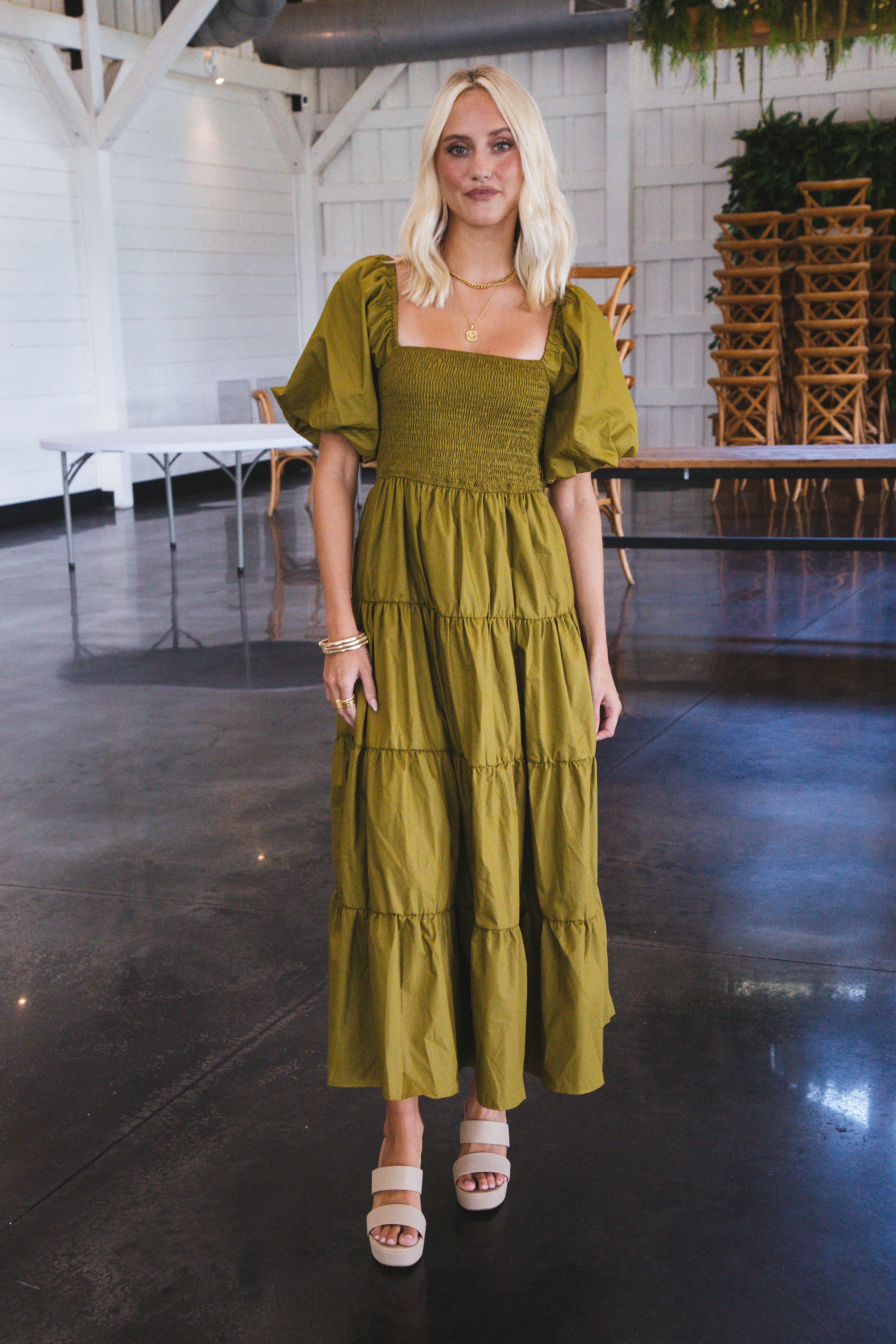 Lua Smocked Maxi Dress, Martini Olive sold by North & Main Clothing Company product image thumbnail 5