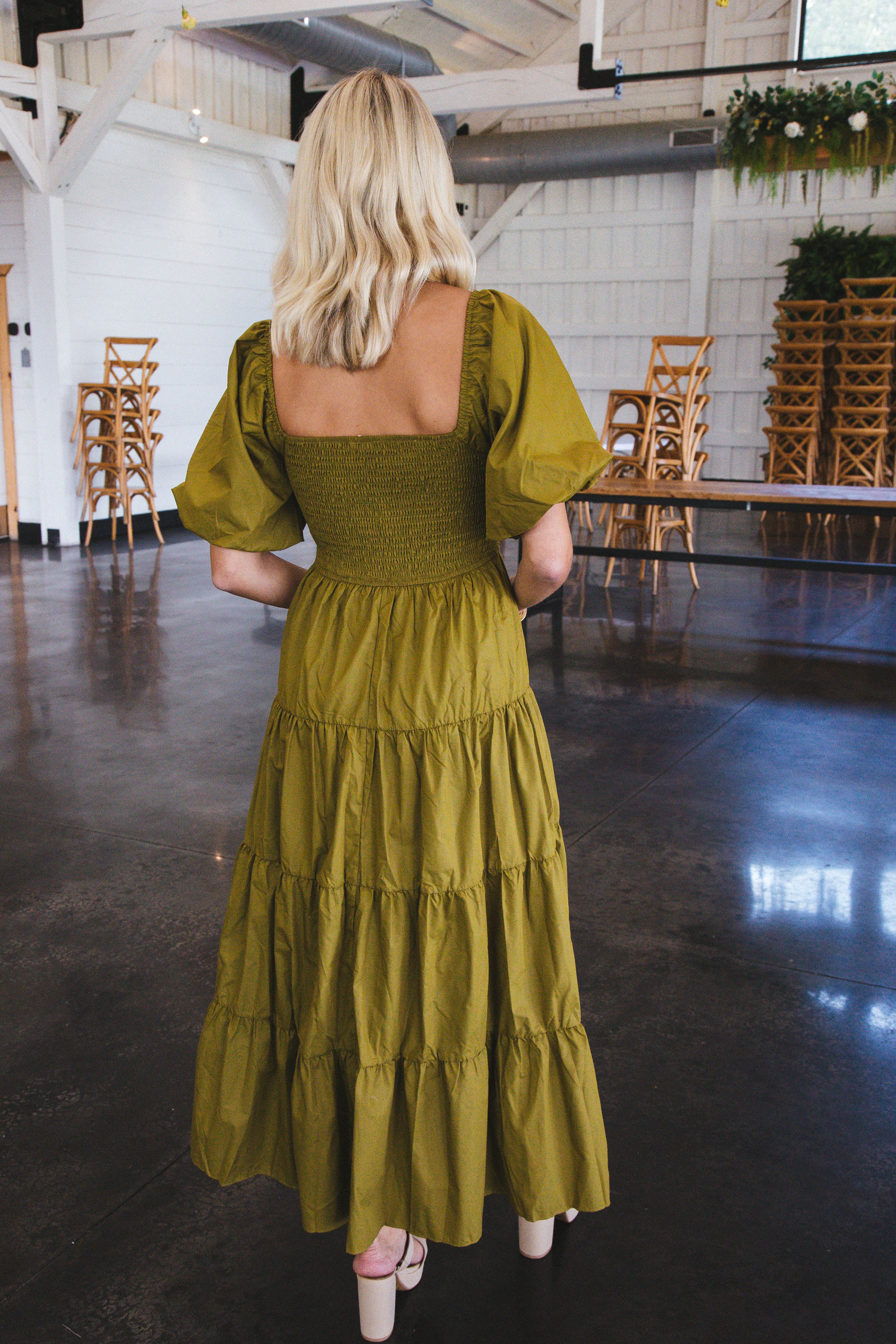 Lua Smocked Maxi Dress, Martini Olive sold by North & Main Clothing Company product image thumbnail 3