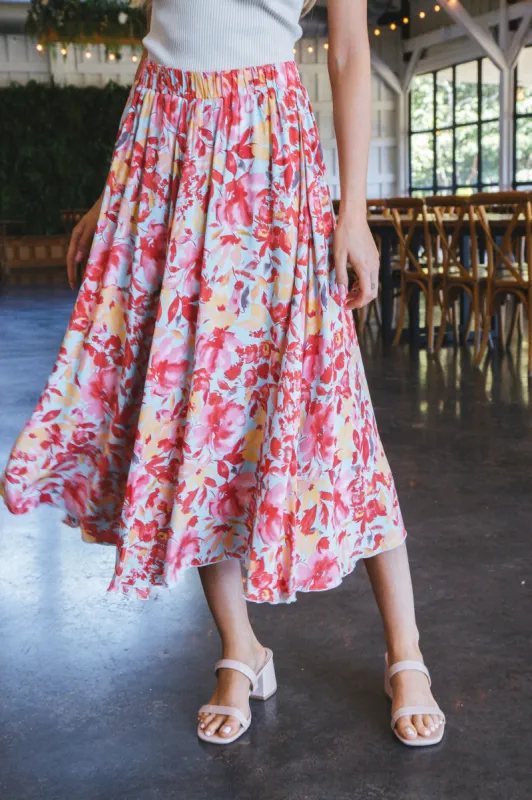 Kaylin Floral Print Midi Skirt, Sky Blue Multi sold by North & Main Clothing Company