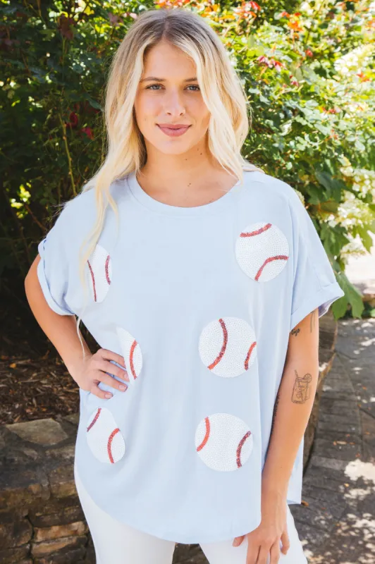 Sequin Baseballs Washed Tee, Denim sold by North & Main Clothing Company