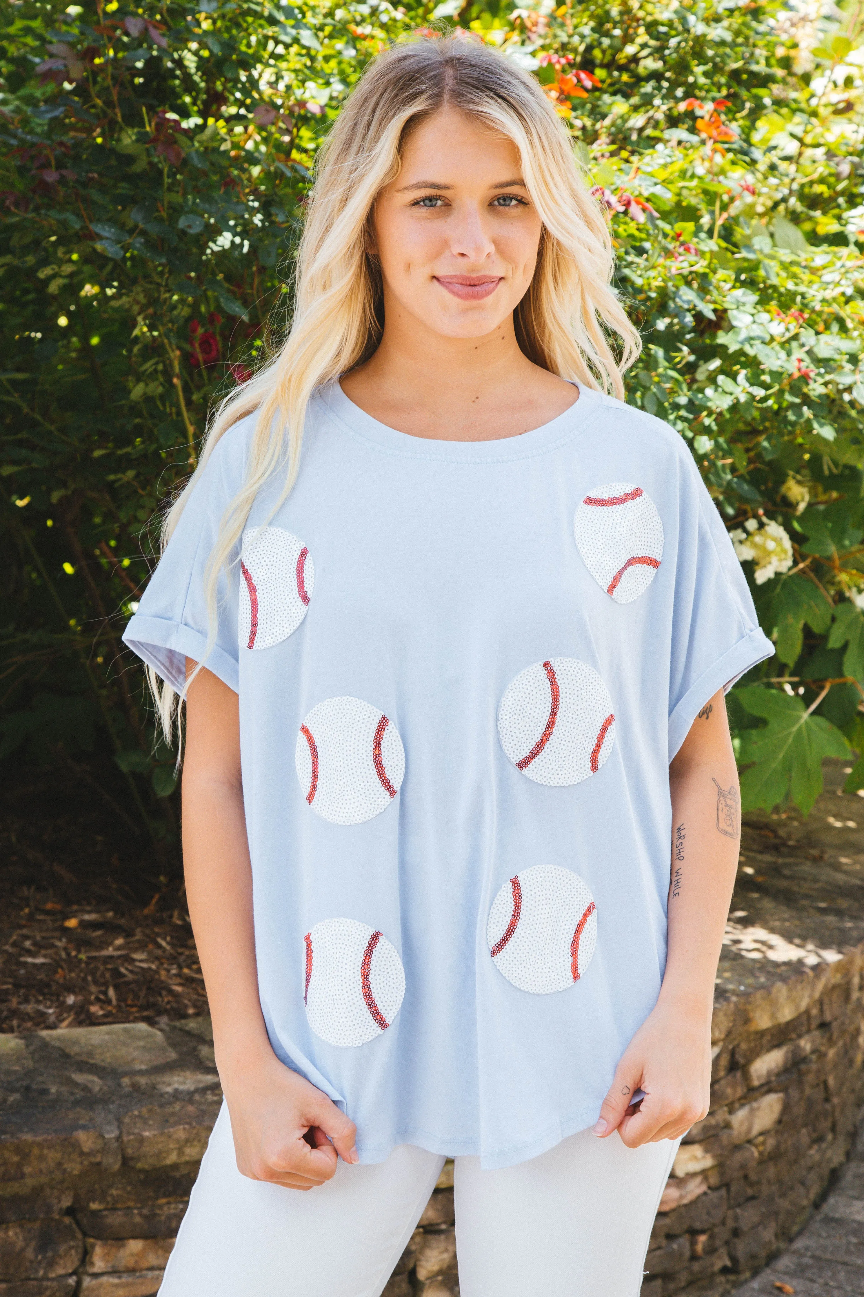 Sequin Baseballs Washed Tee, Denim sold by North & Main Clothing Company product image thumbnail 3