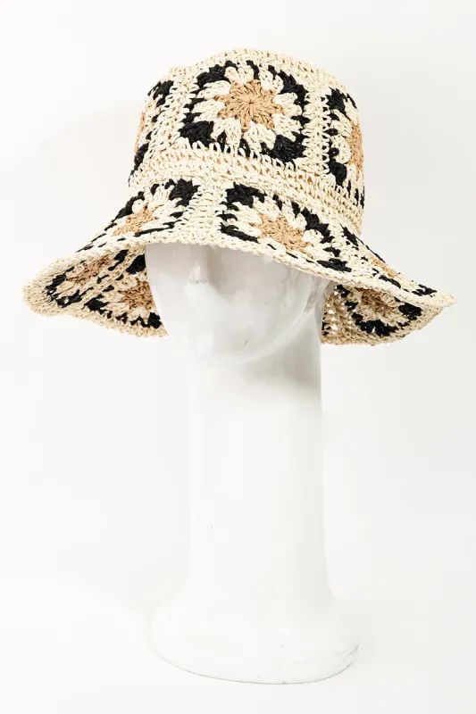 Flower Garden Straw Bucket Hat, Ivory/Black sold by North & Main Clothing Company