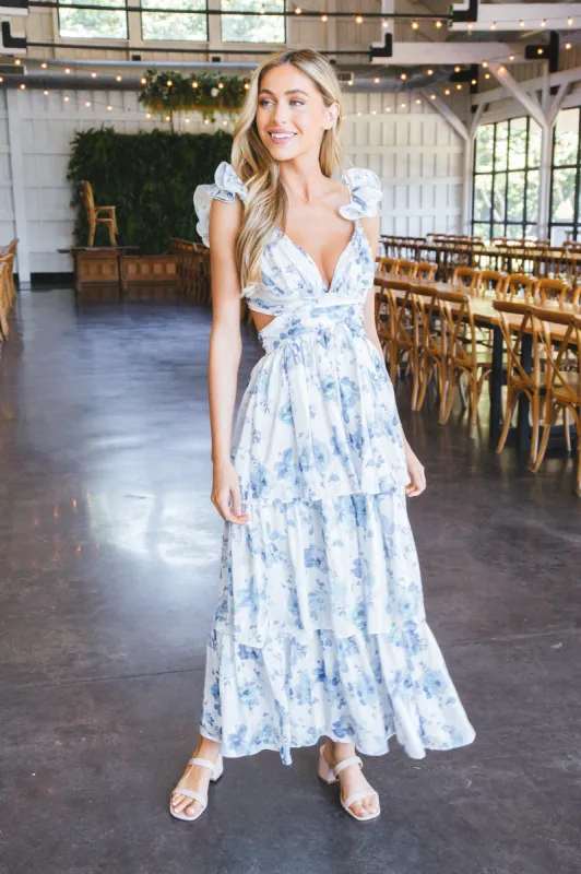 Rowan Lace Up Back Maxi Dress, White/Blue sold by North & Main Clothing Company