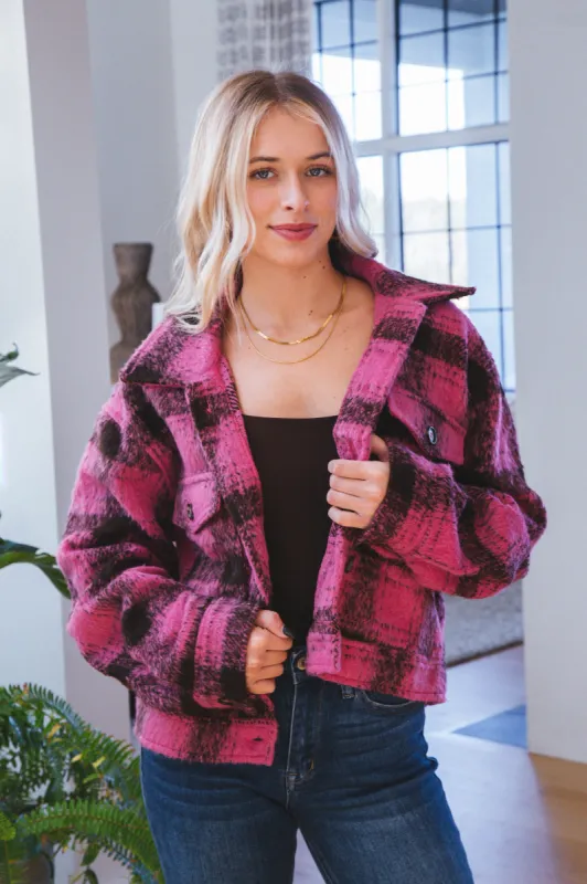Raya Plaid Fuzzy Shacket, Pink made by HYFVE