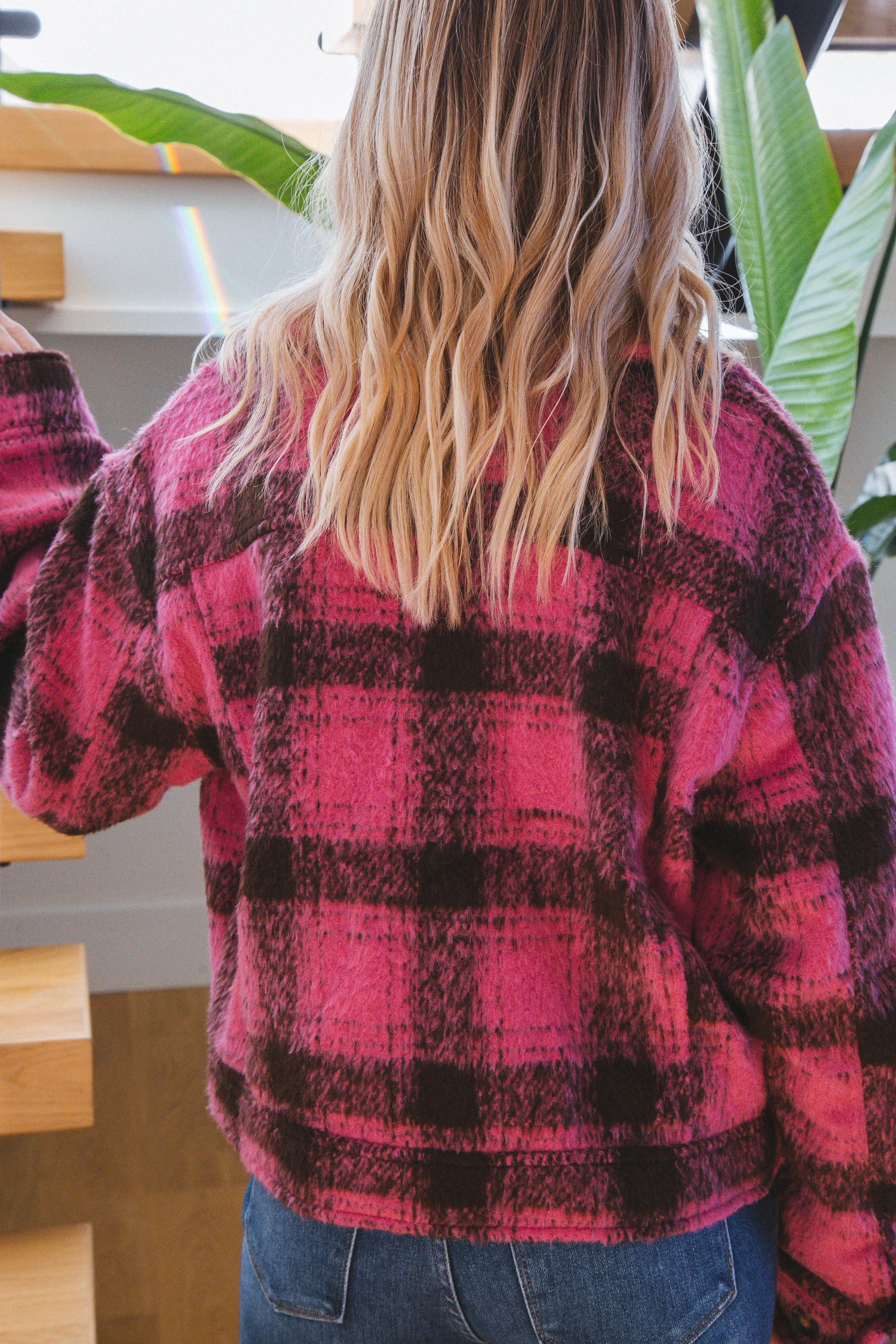 Raya Plaid Fuzzy Shacket, Pink sold by North & Main Clothing Company product image thumbnail 5