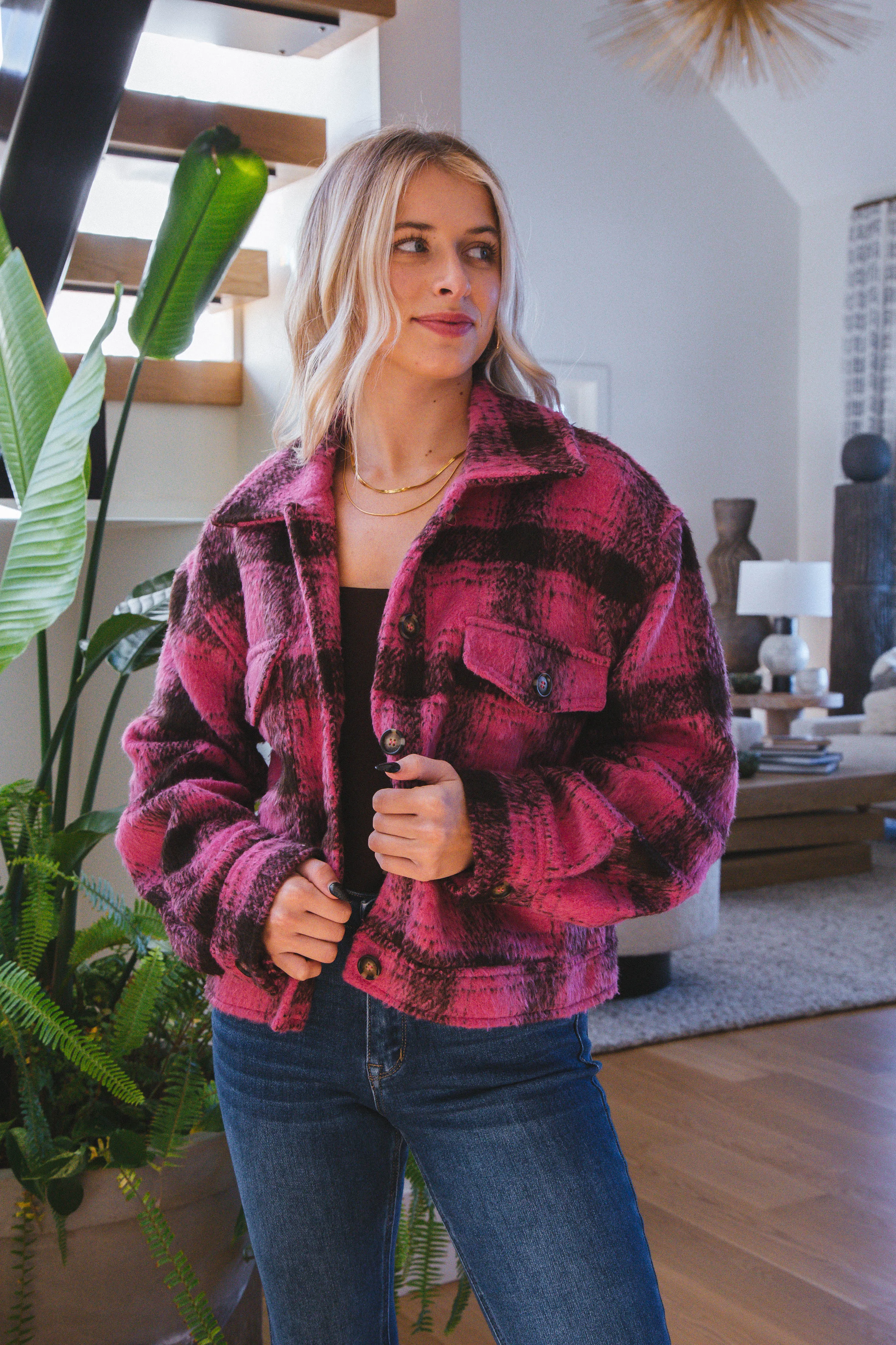 Raya Plaid Fuzzy Shacket, Pink sold by North & Main Clothing Company product image thumbnail 3