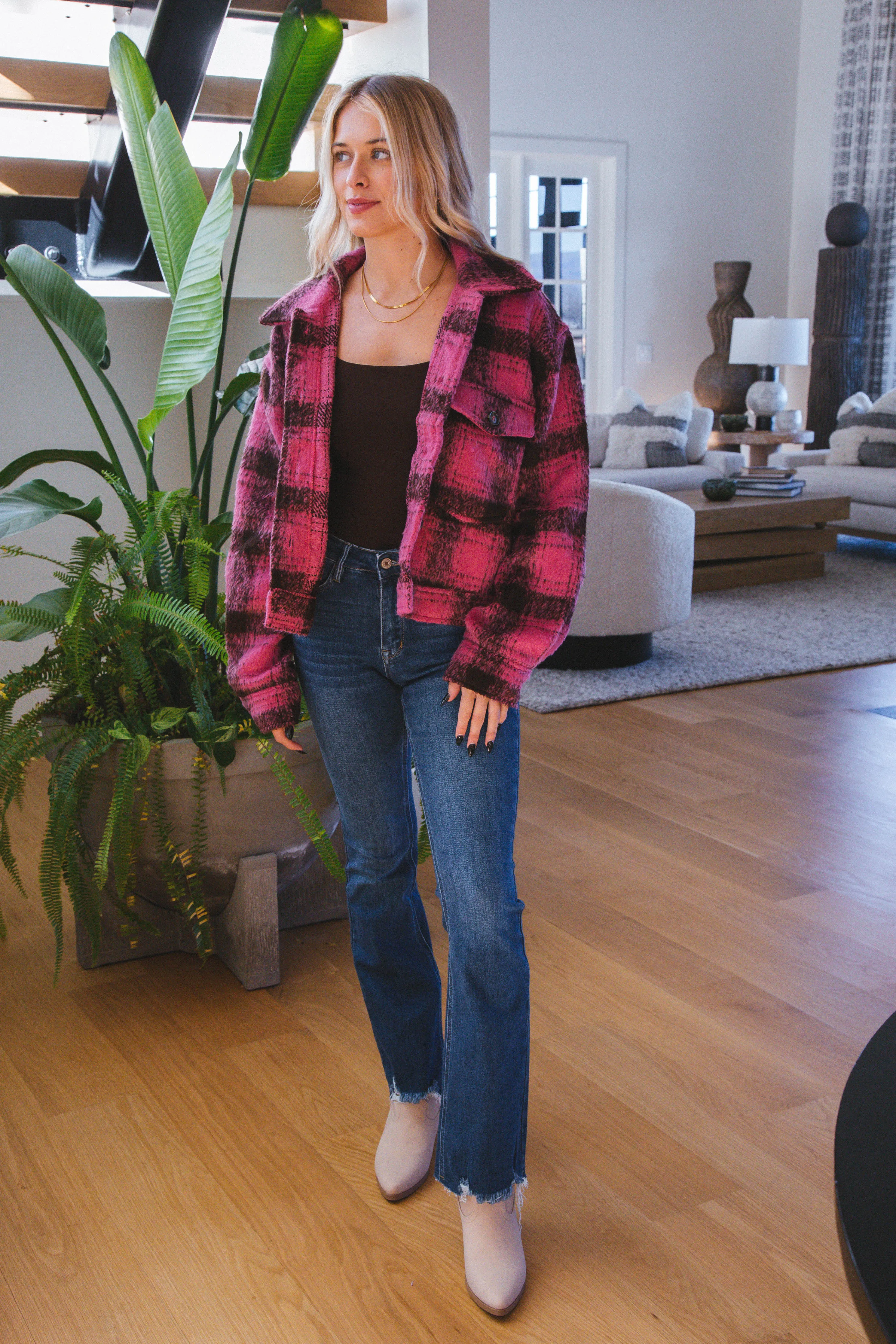 Raya Plaid Fuzzy Shacket, Pink sold by North & Main Clothing Company product image thumbnail 2