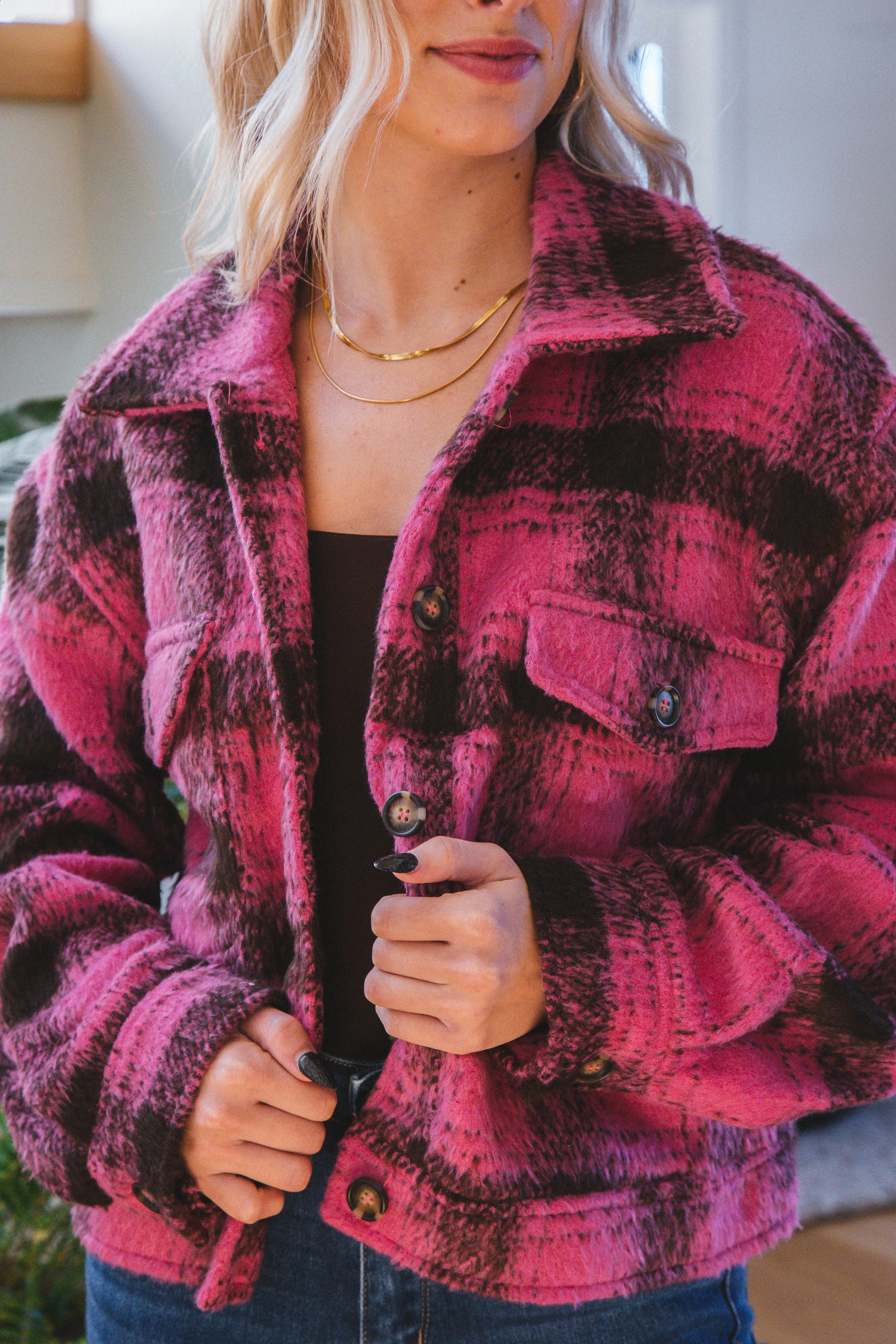 Raya Plaid Fuzzy Shacket, Pink sold by North & Main Clothing Company product image thumbnail 4
