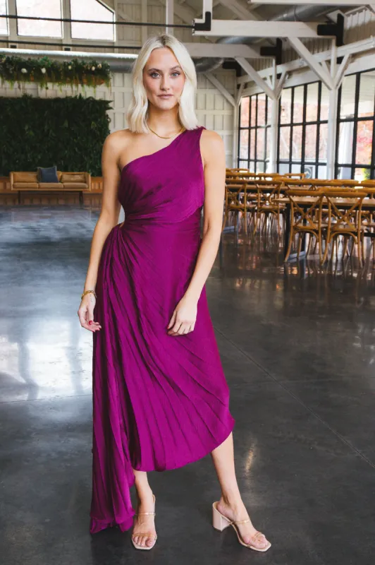 Aura One Shoulder Midi Dress, Magenta sold by North & Main Clothing Company