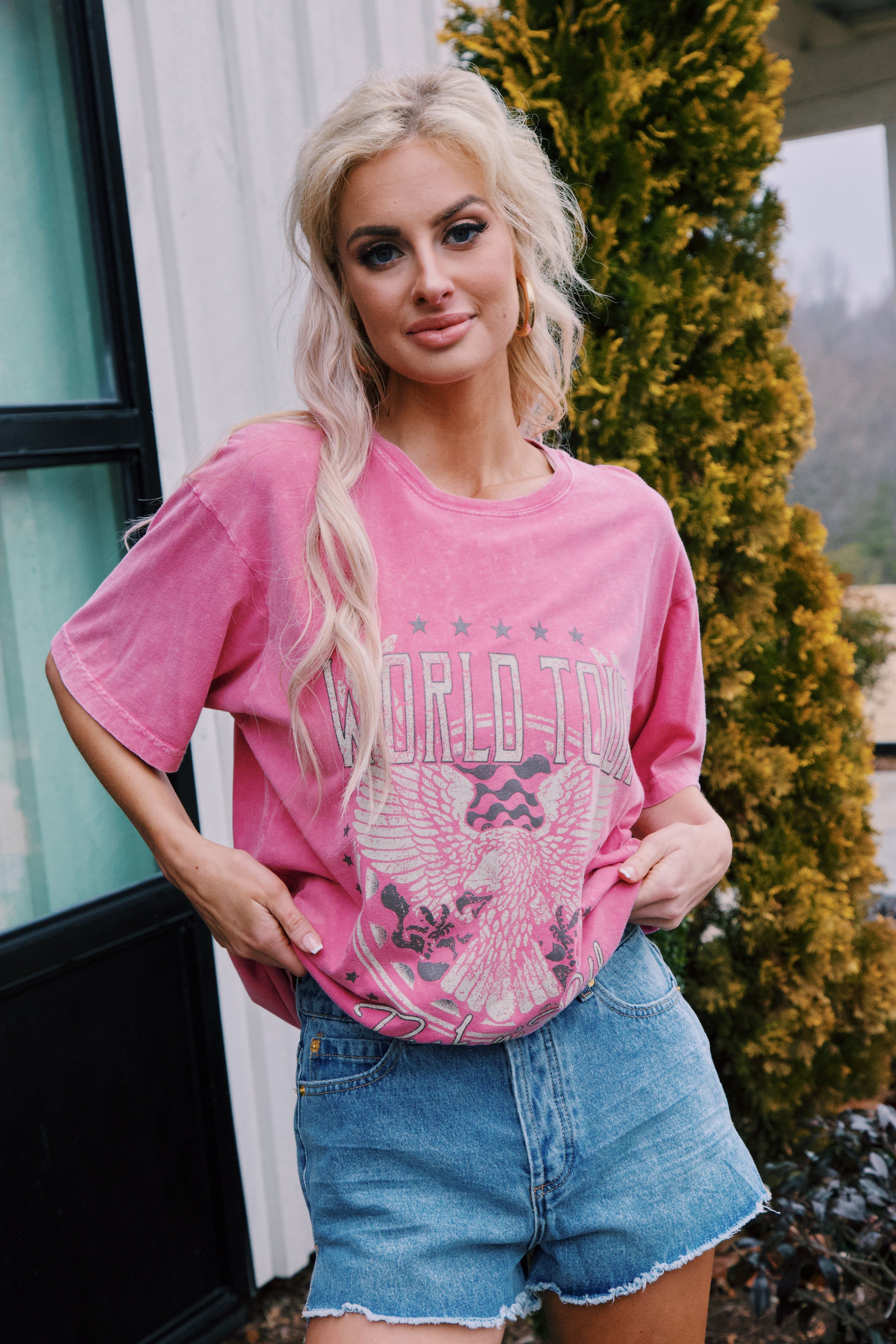 World Tour Graphic Tee, Pink sold by North & Main Clothing Company