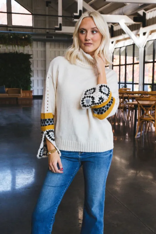 Lina Crochet Sleeve Turtleneck Sweater, Ivory sold by North & Main Clothing Company