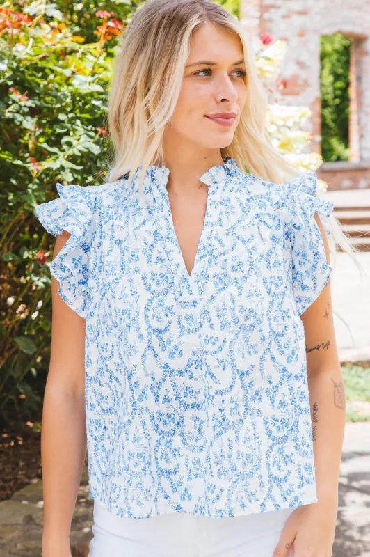 Daniela V-Neck Printed Top, White Blue sold by North & Main Clothing Company