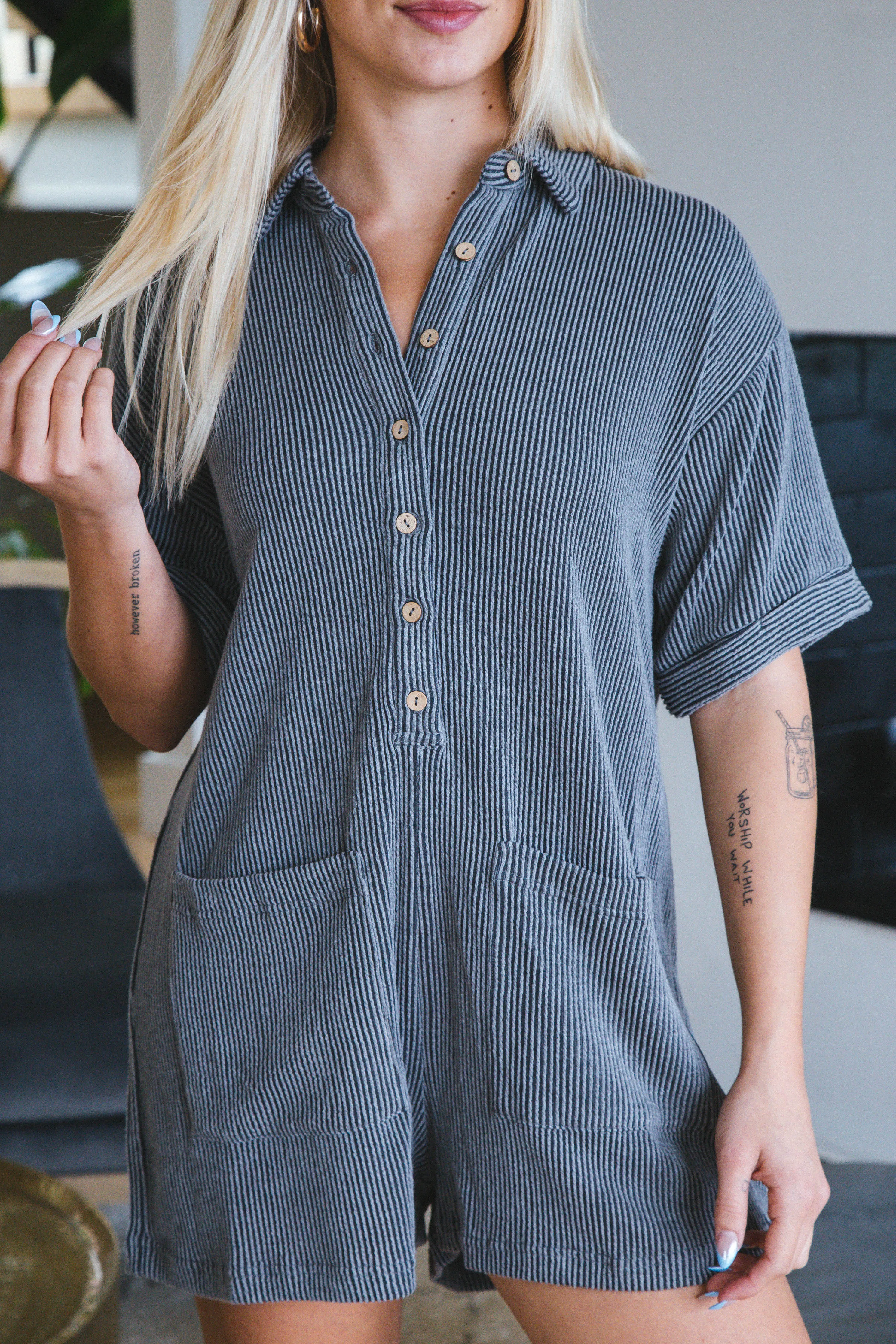 Lainey Ribbed Romper, Charcoal sold by North & Main Clothing Company product image thumbnail 5