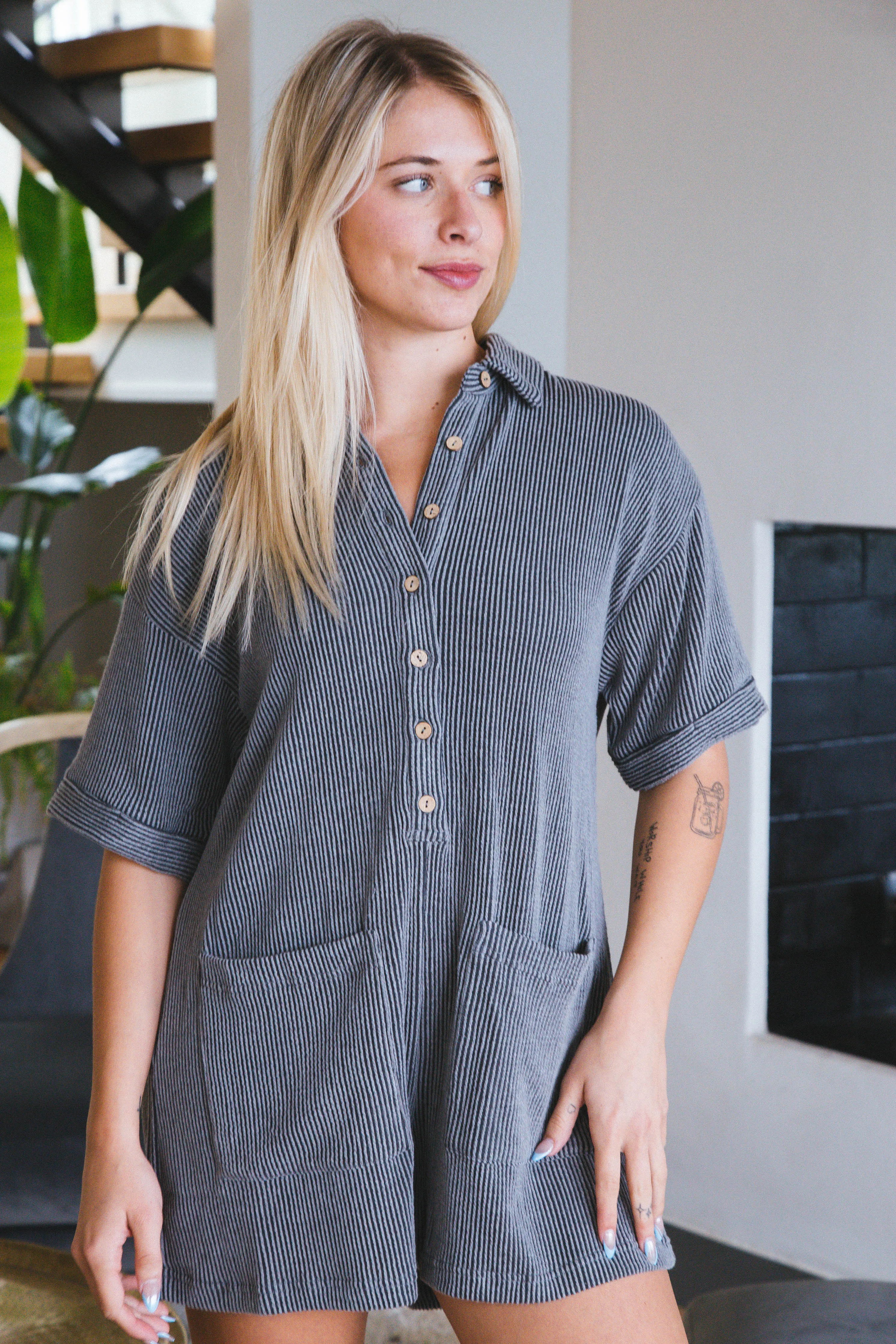 Lainey Ribbed Romper, Charcoal sold by North & Main Clothing Company product image thumbnail 3