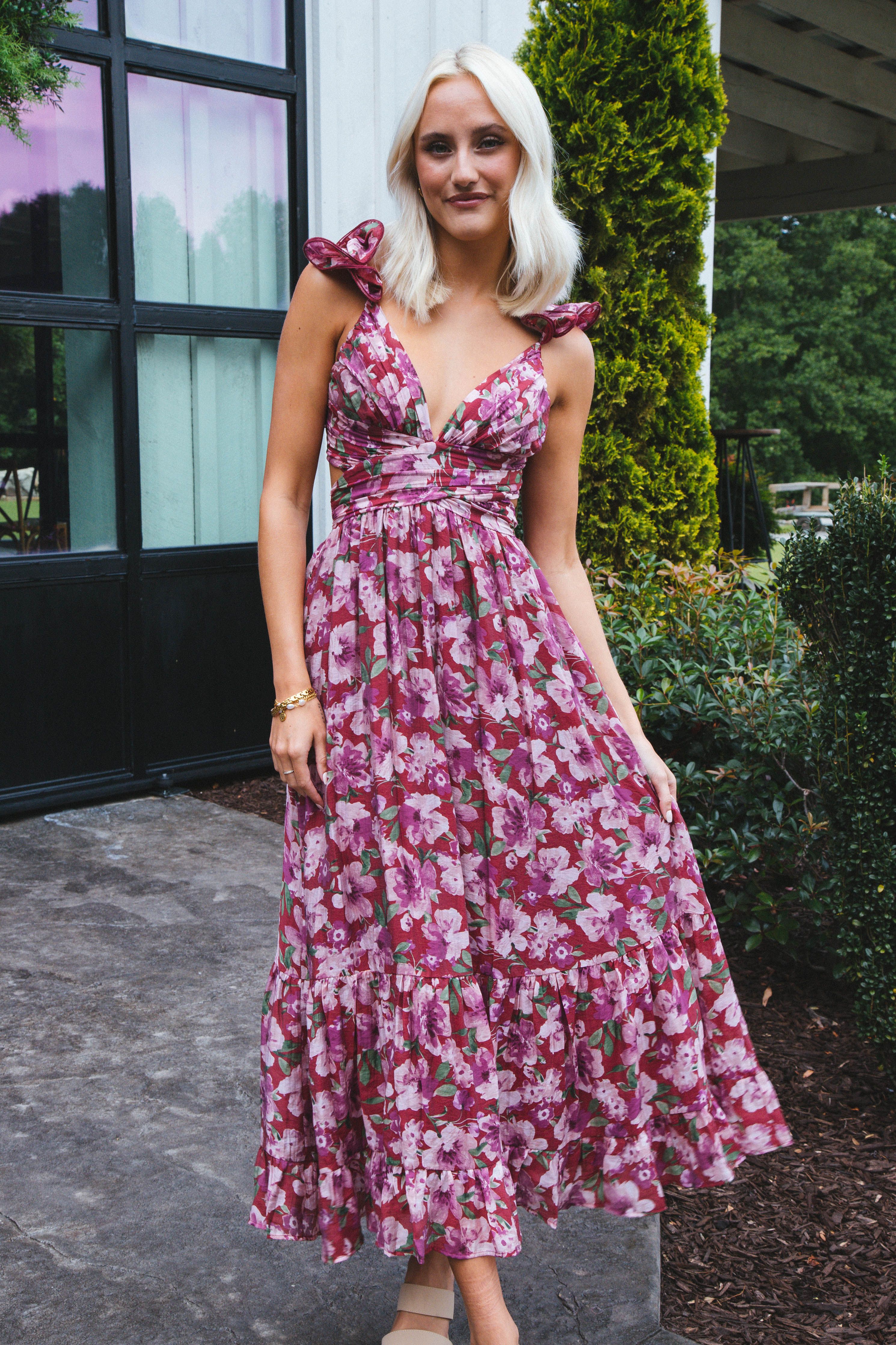Idalia Lace Up Maxi Dress, Berry Floral sold by North & Main Clothing Company
