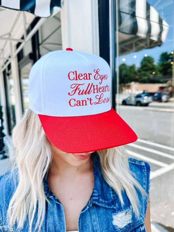 Clear Eyes Full Hearts Trucker Hat, White/Red sold by North & Main Clothing Company