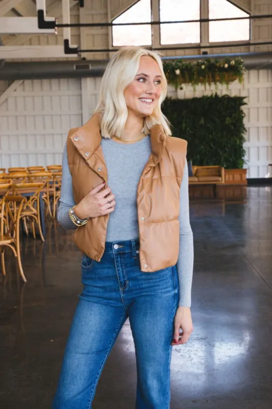 Vivian Faux Leather Cropped Puffer Vest, Camel sold by North & Main Clothing Company