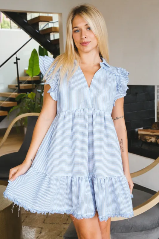 Ella Striped Fray Detail Mini Dress, Blue sold by North & Main Clothing Company