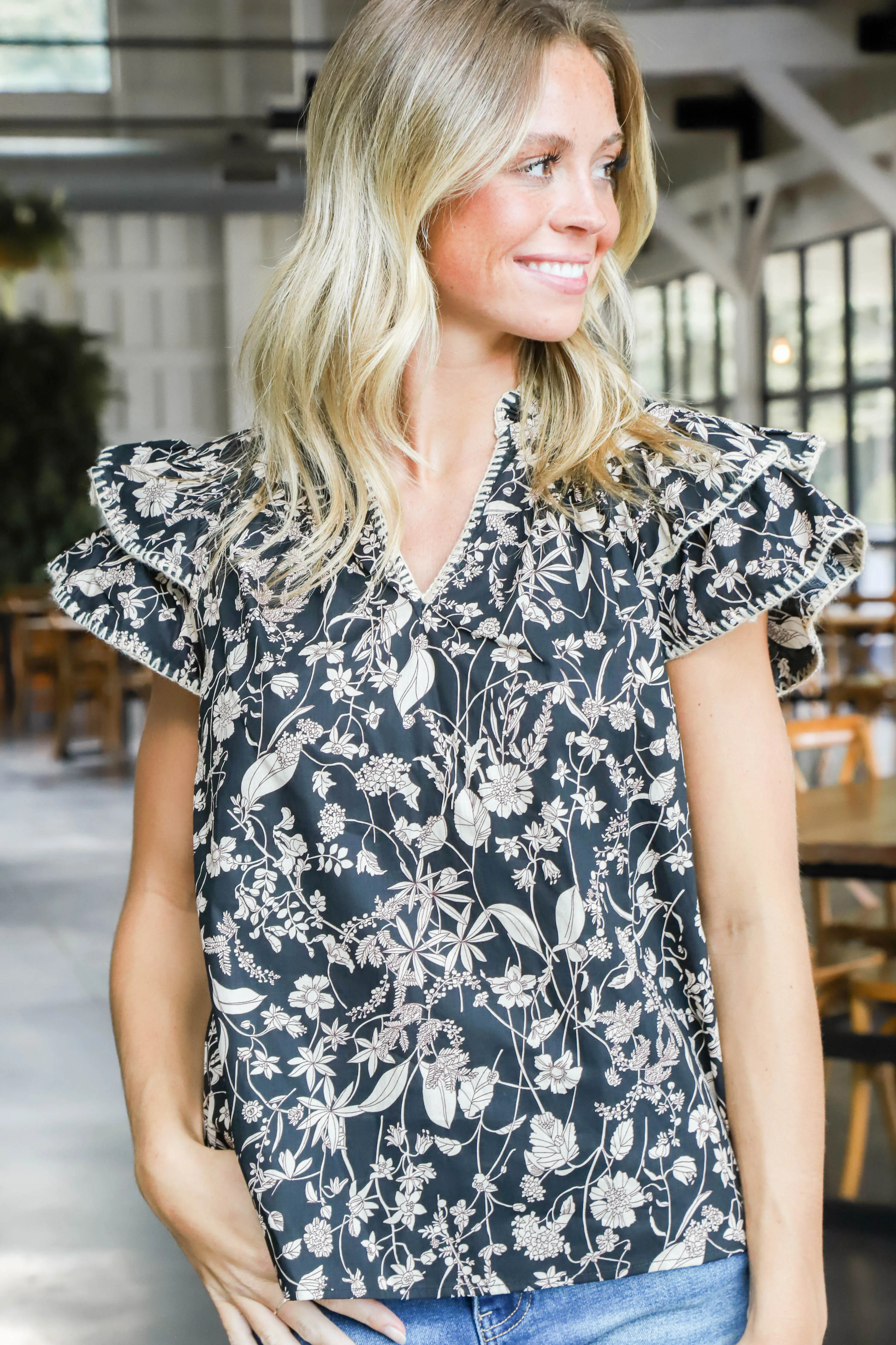 Wren Contrast Stitch Top, Black sold by North & Main Clothing Company product image thumbnail 4