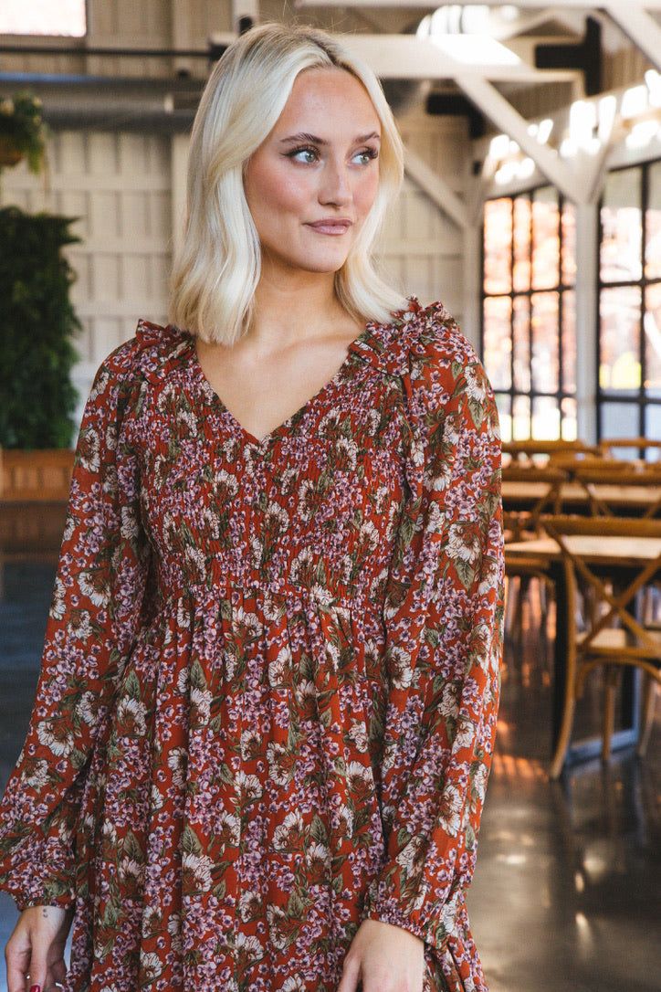 Myra Floral Smocked Bodice Dress, Rust sold by North & Main Clothing Company product image thumbnail 4