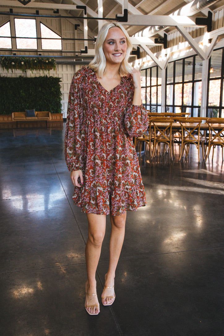 Myra Floral Smocked Bodice Dress, Rust sold by North & Main Clothing Company product image thumbnail 3