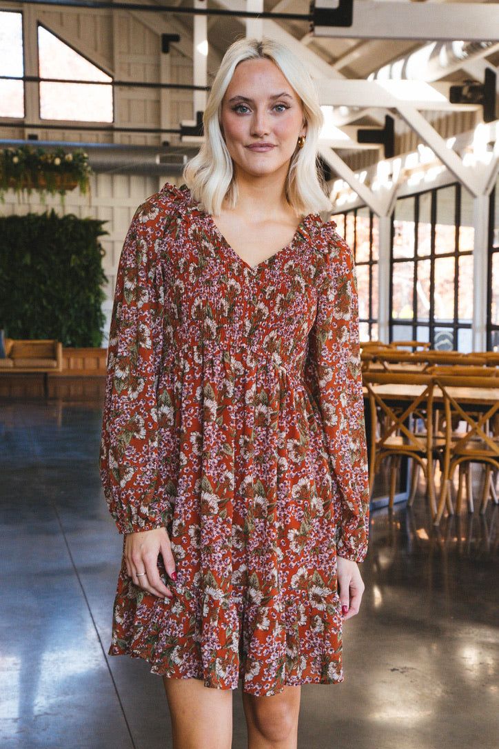 Myra Floral Smocked Bodice Dress, Rust sold by North & Main Clothing Company product image thumbnail 5