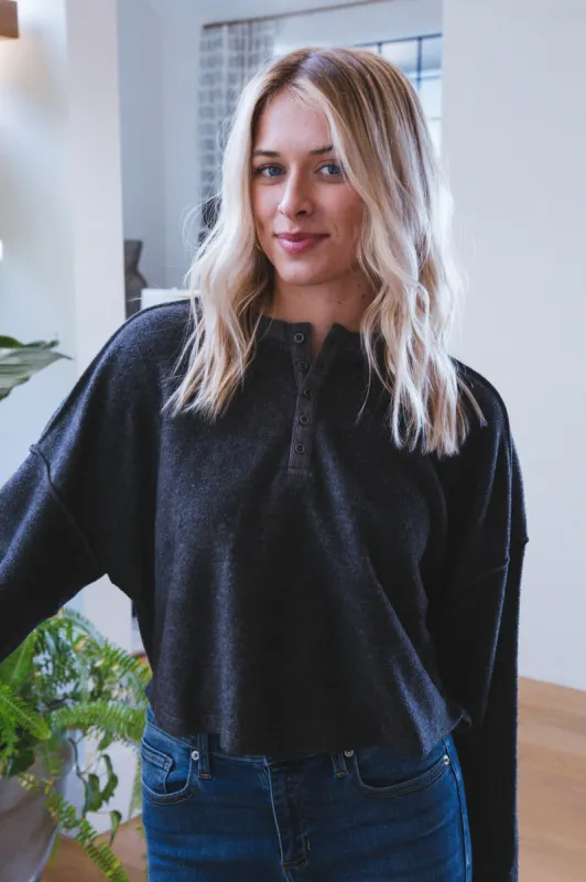 Shay Cropped Henley Sweatshirt Top, Charcoal sold by North & Main Clothing Company