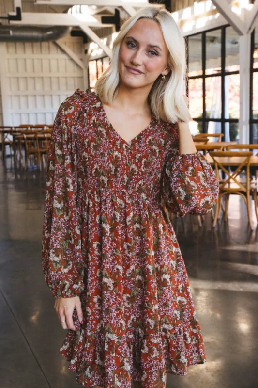Myra Floral Smocked Bodice Dress, Rust sold by North & Main Clothing Company