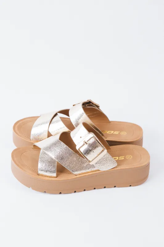 Resume Cross Strap Sandals, Gold Crinkle Pu made by North & Main Clothing Company