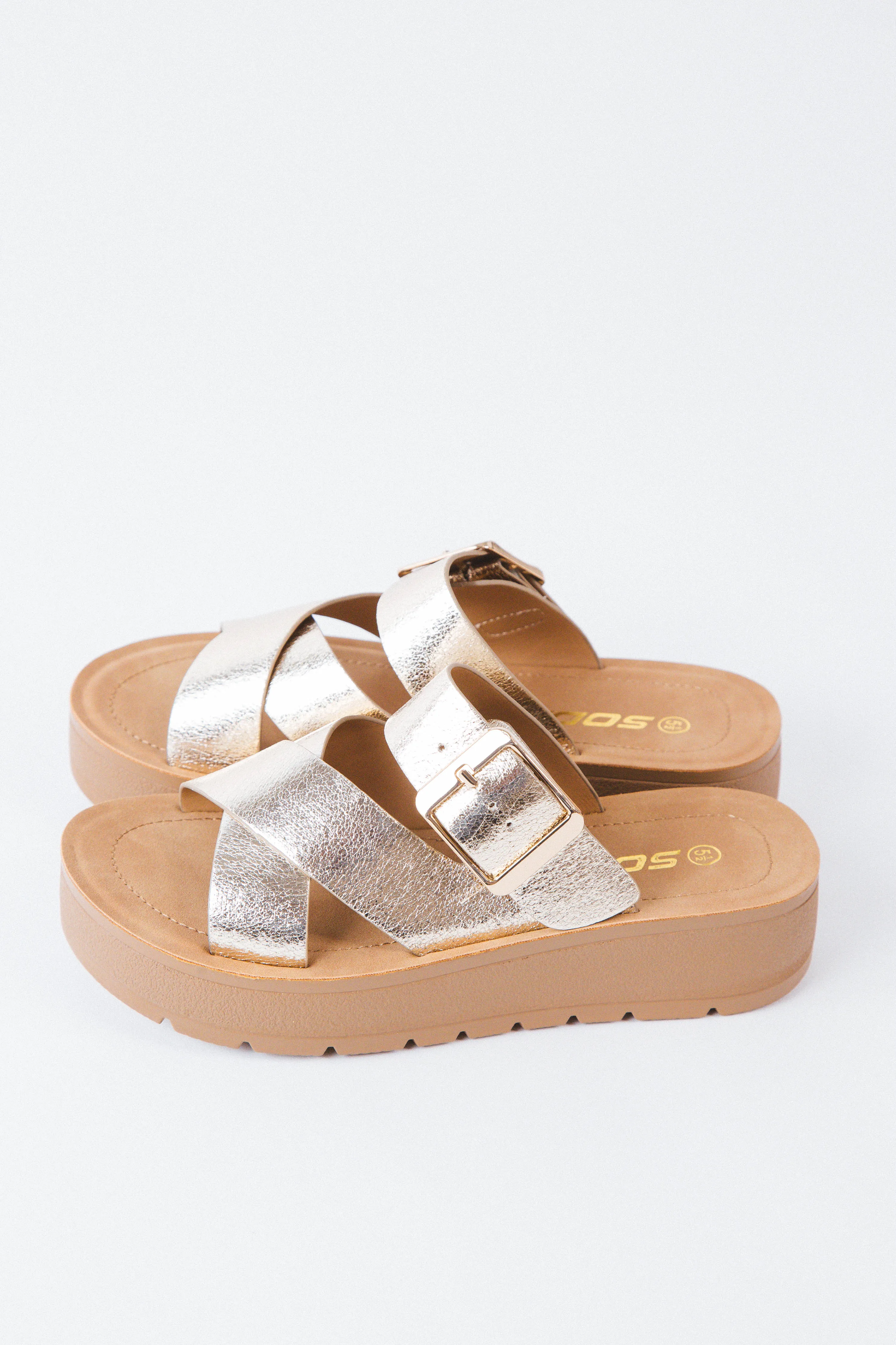 Resume Cross Strap Sandals, Gold Crinkle Pu sold by North & Main Clothing Company