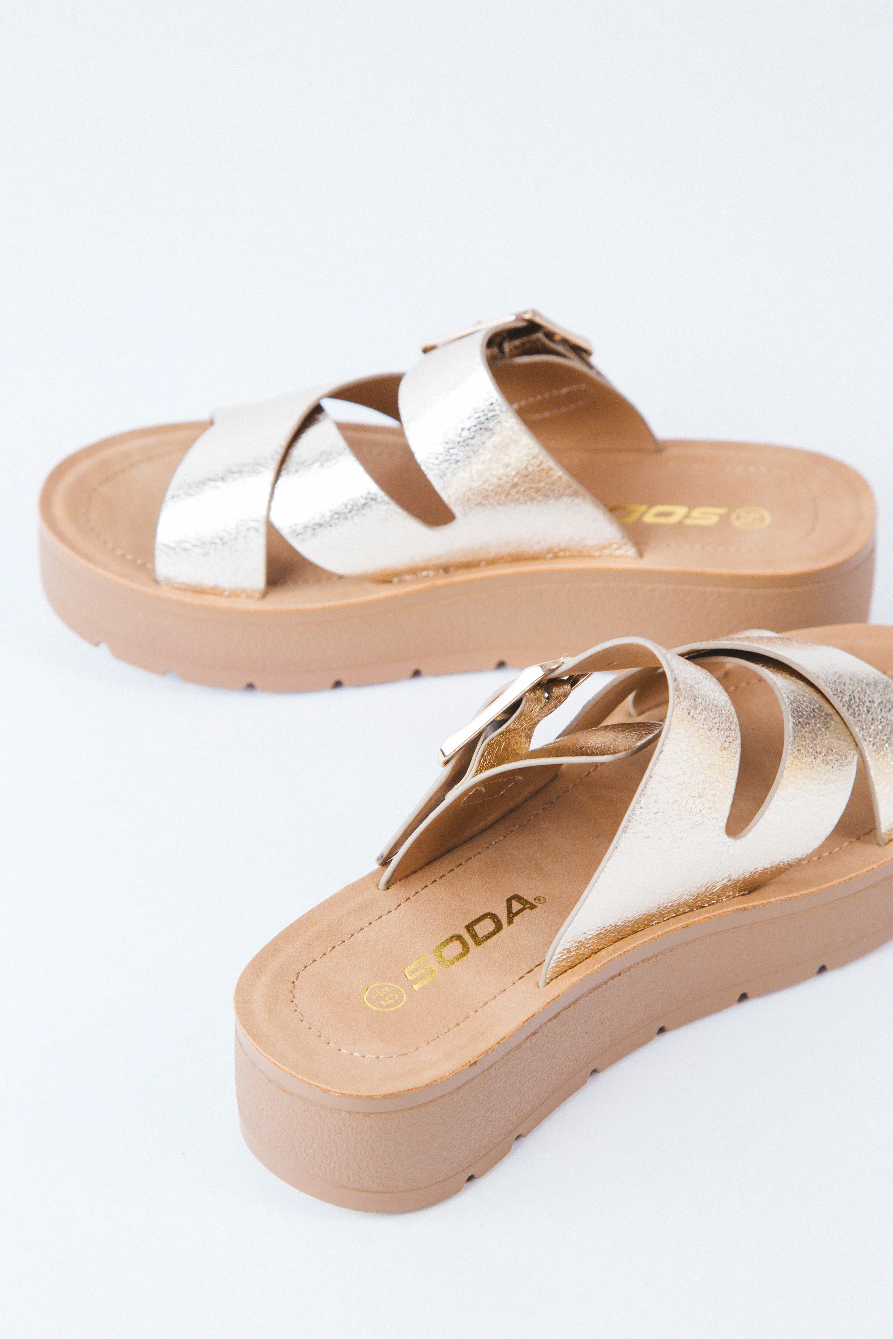 Resume Cross Strap Sandals, Gold Crinkle Pu sold by North & Main Clothing Company product image thumbnail 2