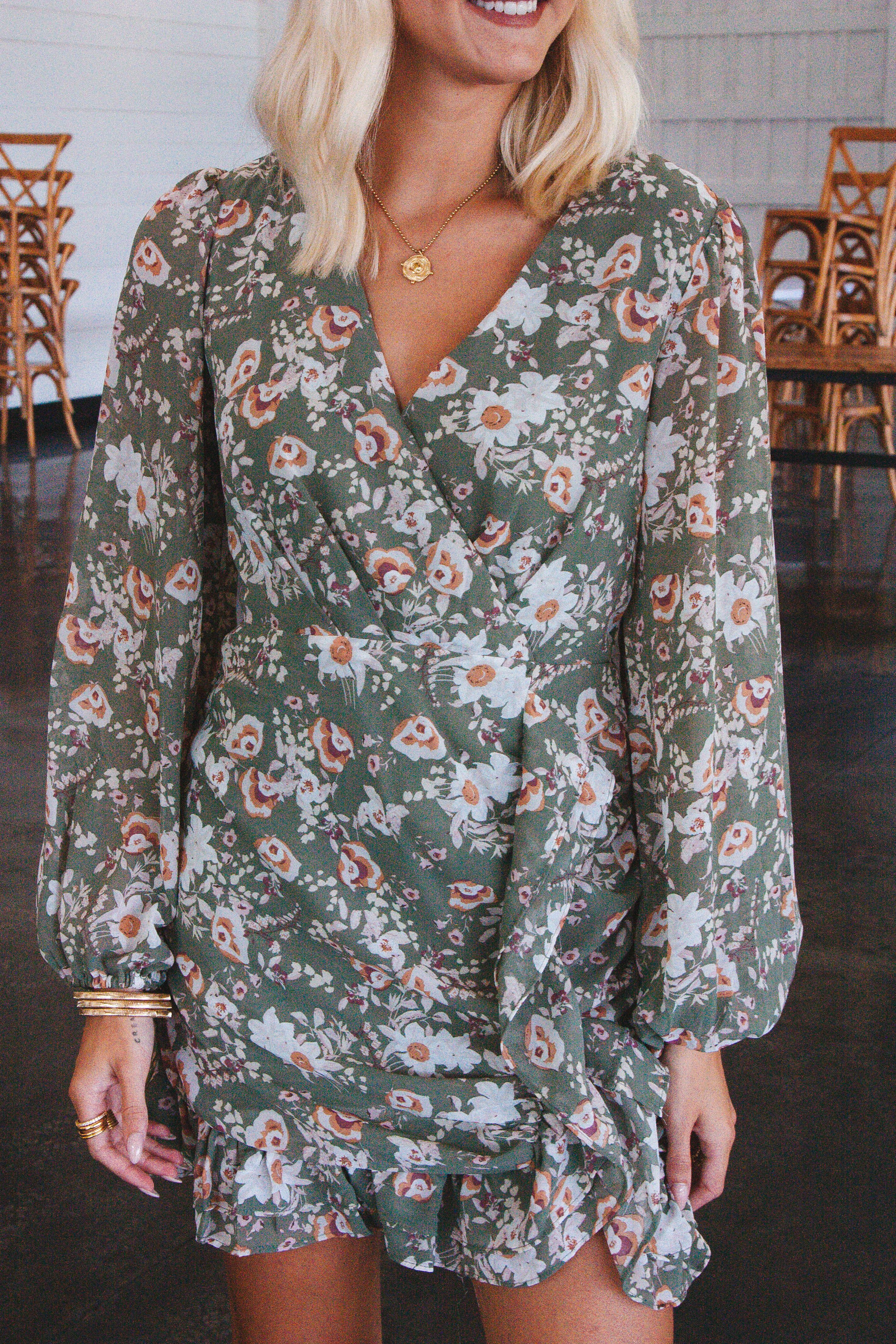 Feeling Flirty Floral Mini Dress, Olive sold by North & Main Clothing Company product image thumbnail 2